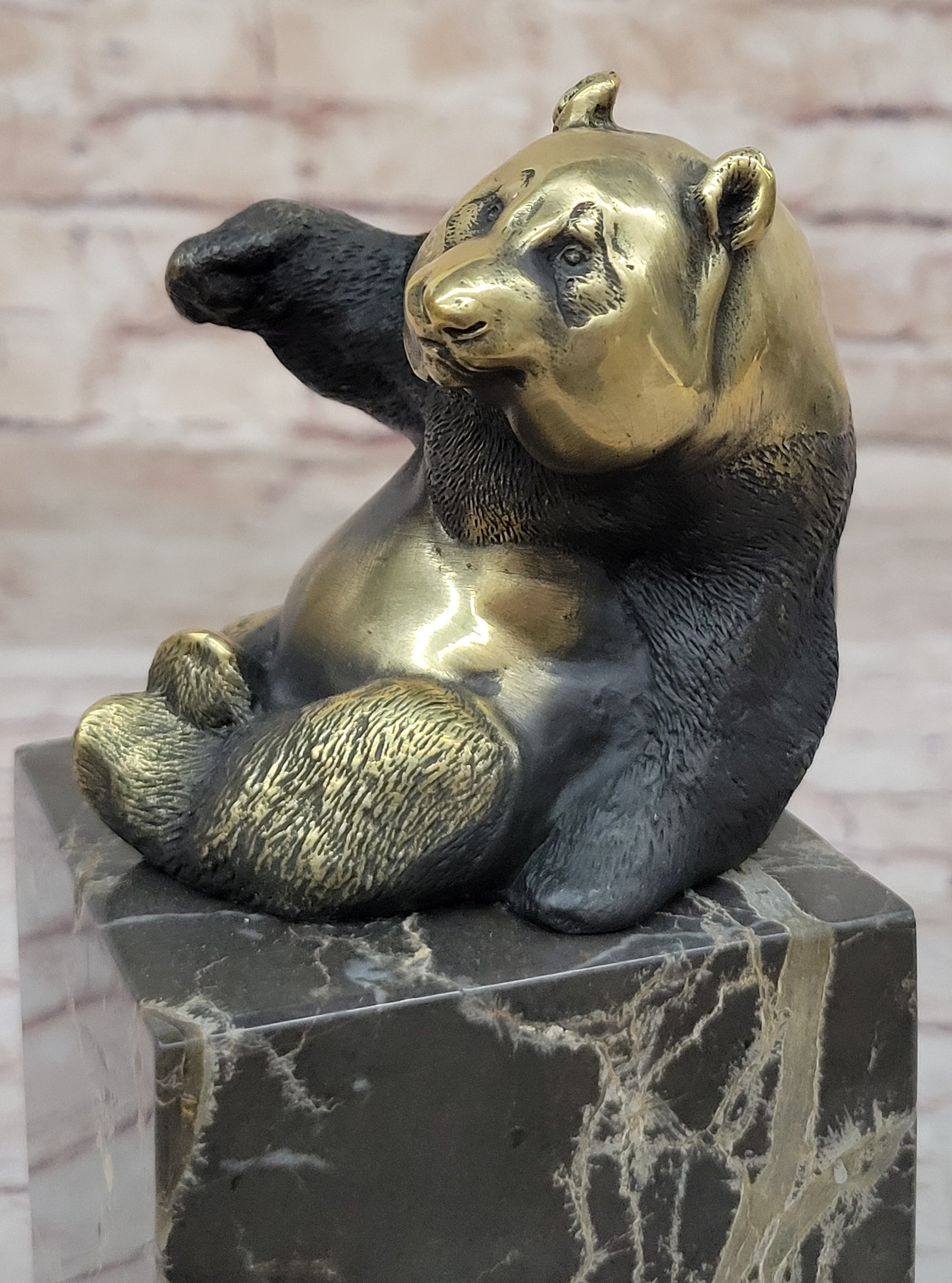 Real Bronze Panda Bear Bronze Figurine Sculpture on Marble Base by Milo