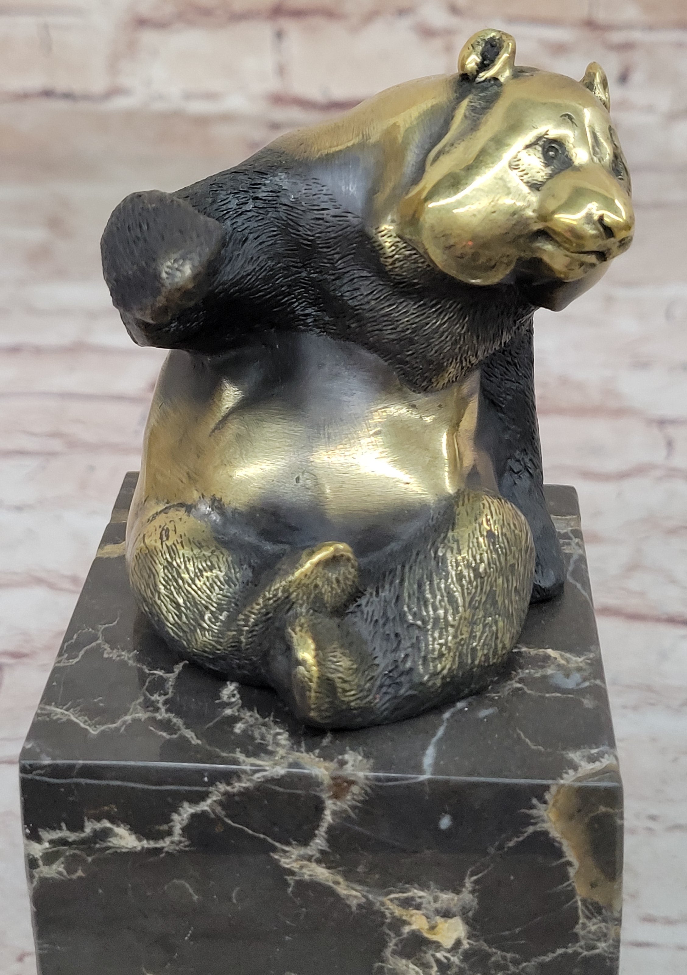 Real Bronze Panda Bear Bronze Figurine Sculpture on Marble Base by Milo