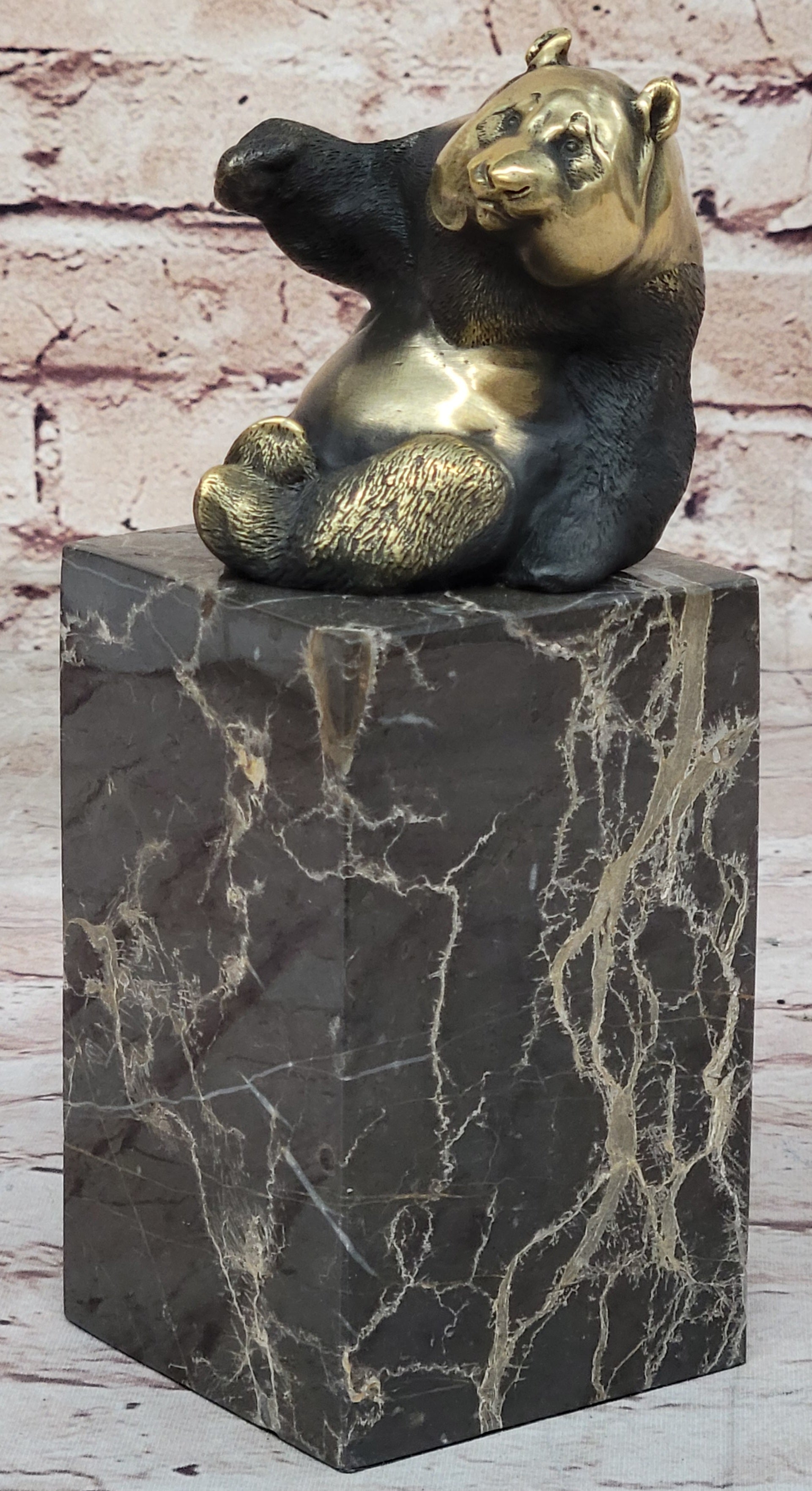 Real Bronze Panda Bear Bronze Figurine Sculpture on Marble Base by Milo