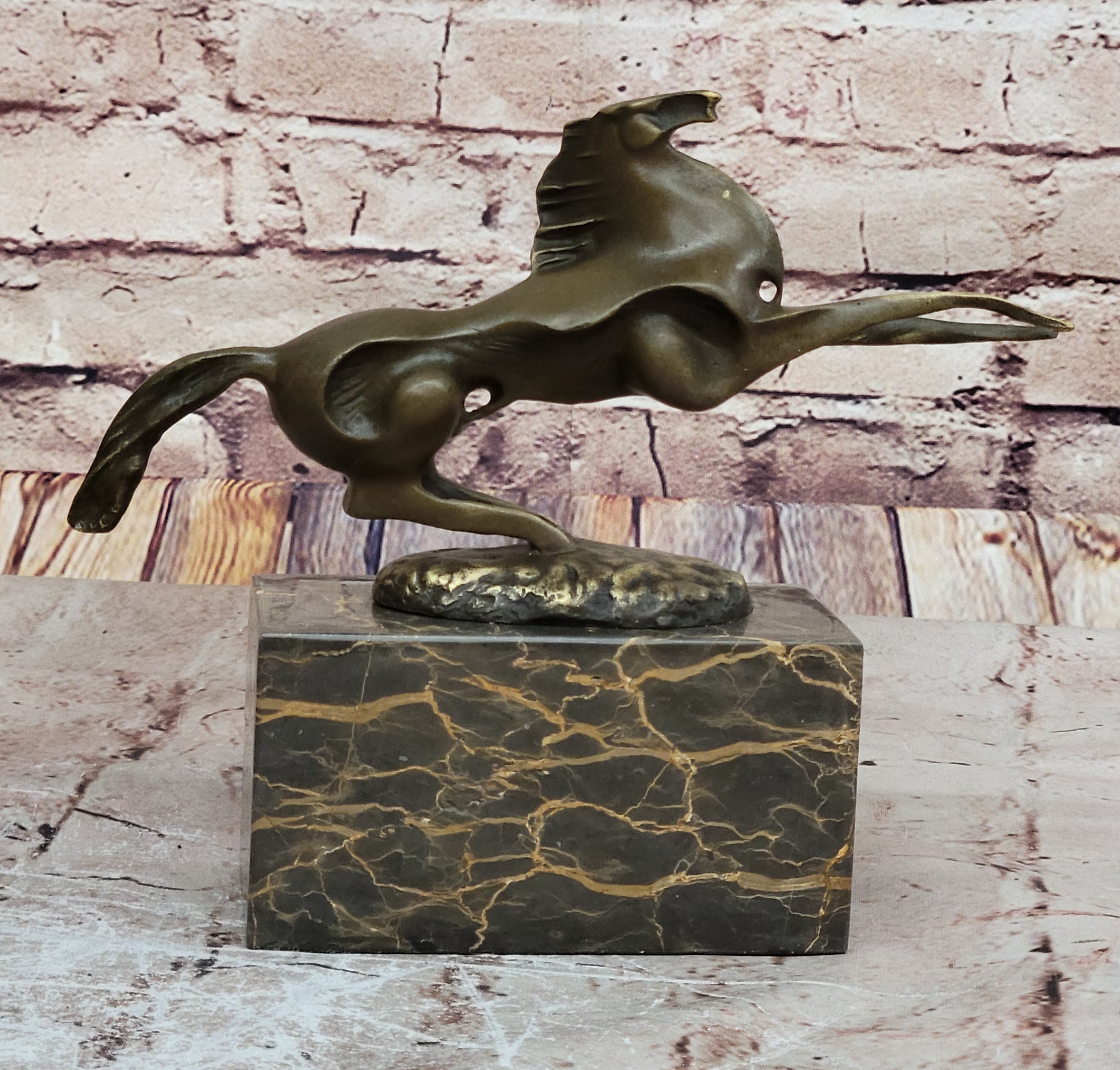 Abstract Modern Contemporary Horse Figurine Bronze Sculpture on Marble Base
