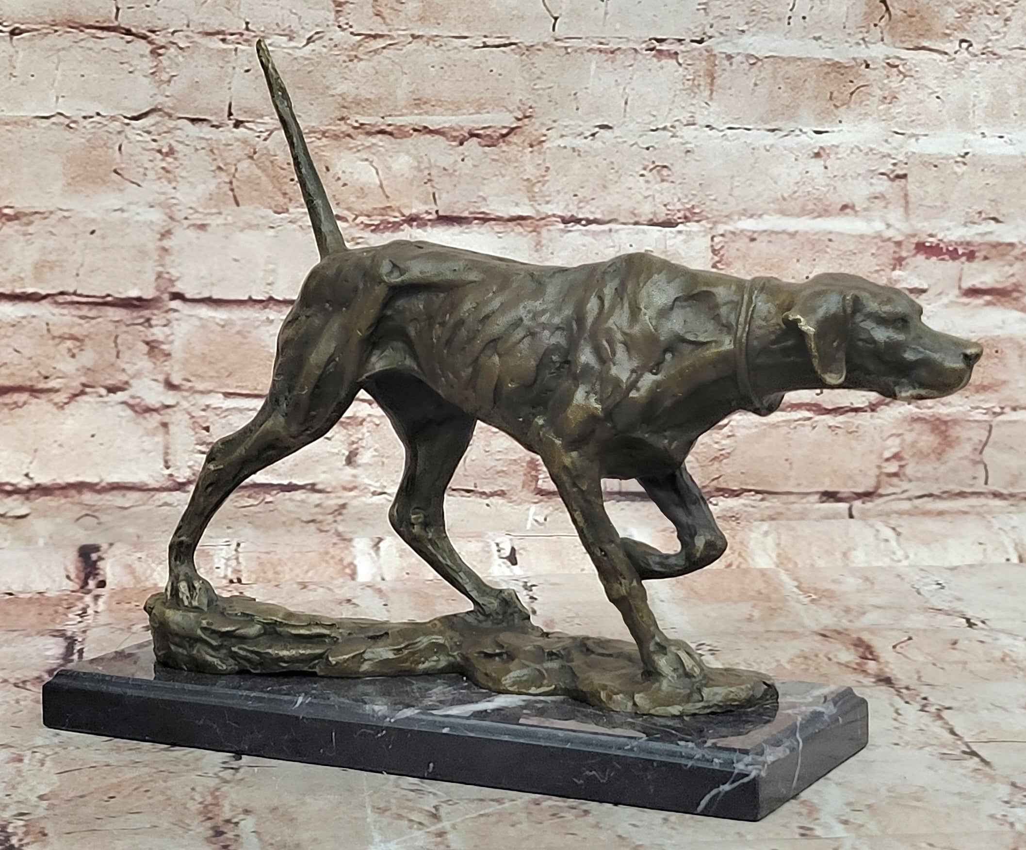 Dog Following Scent Bronze Sculpture Statue Figure on Marble Base Signed Milo