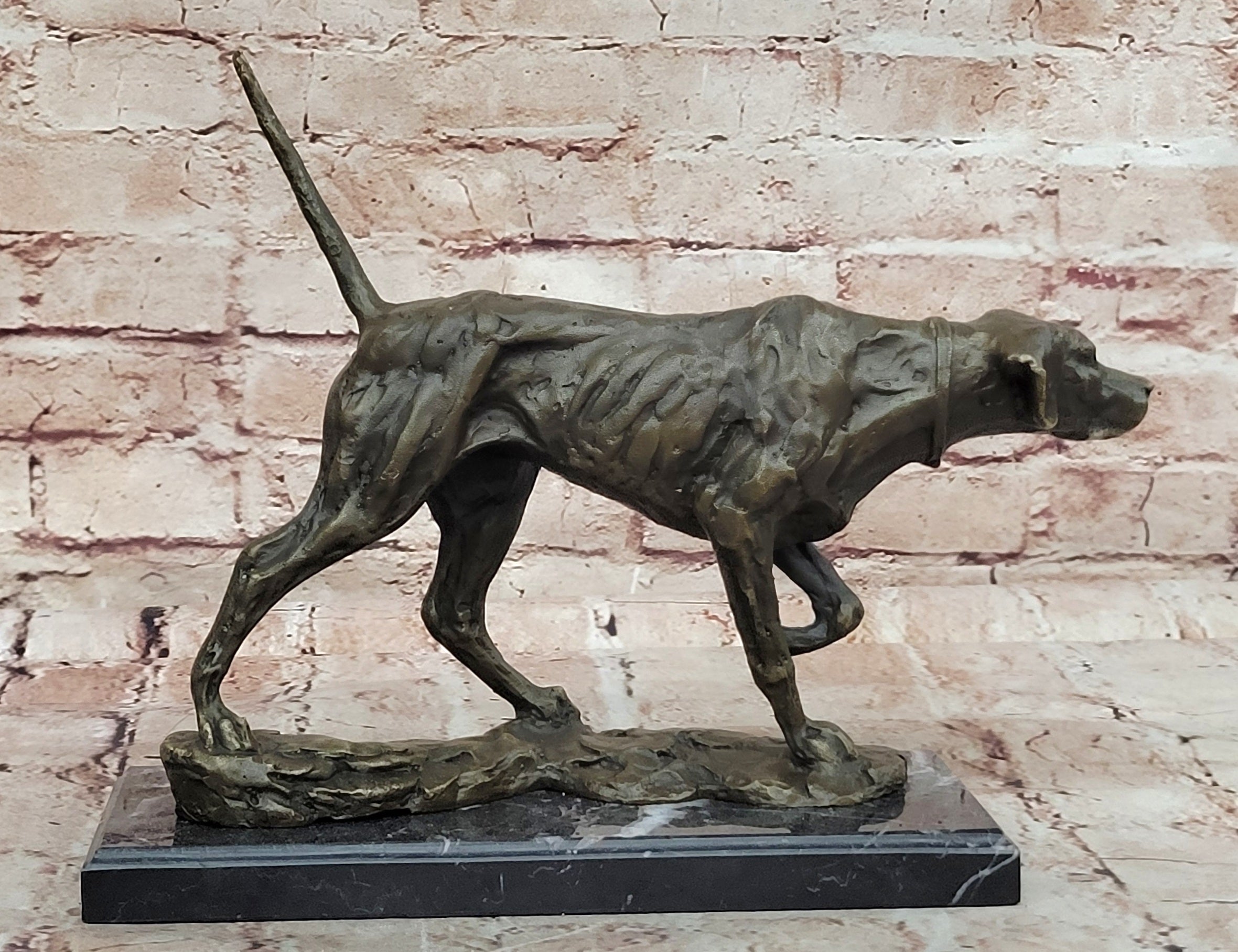 Dog Following Scent Bronze Sculpture Statue Figure on Marble Base Signed Milo
