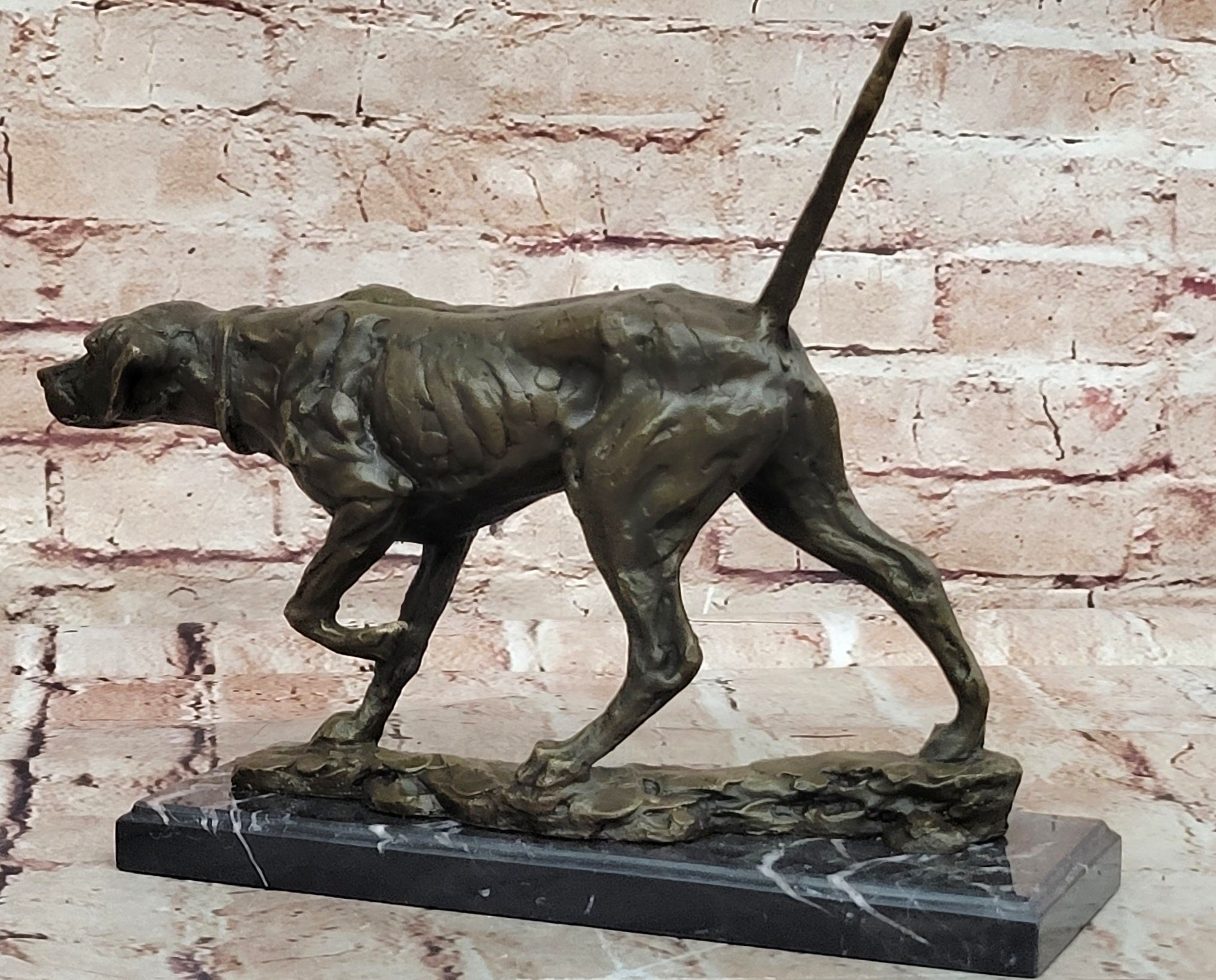Dog Following Scent Bronze Sculpture Statue Figure on Marble Base Signed Milo