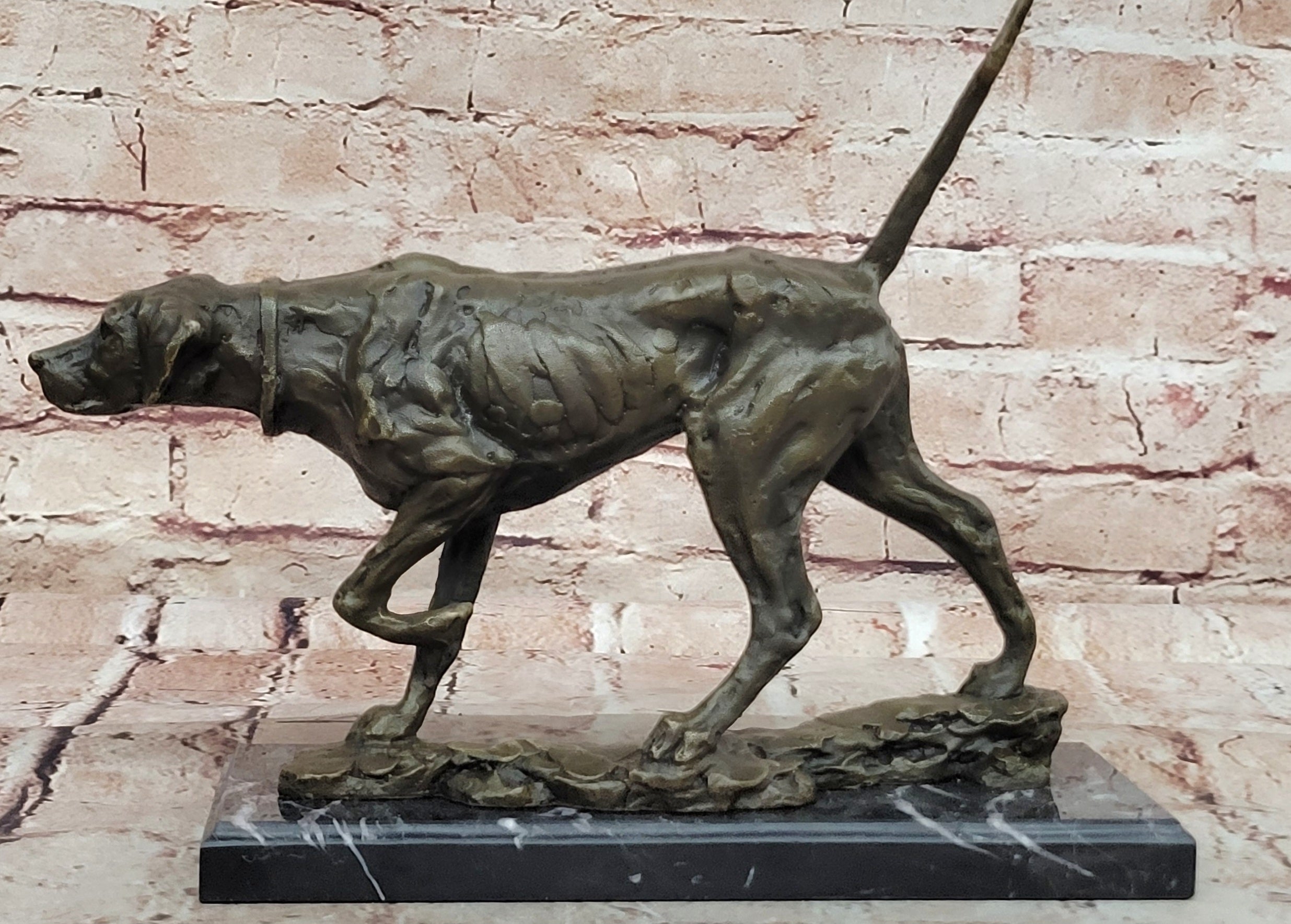 Dog Following Scent Bronze Sculpture Statue Figure on Marble Base Signed Milo