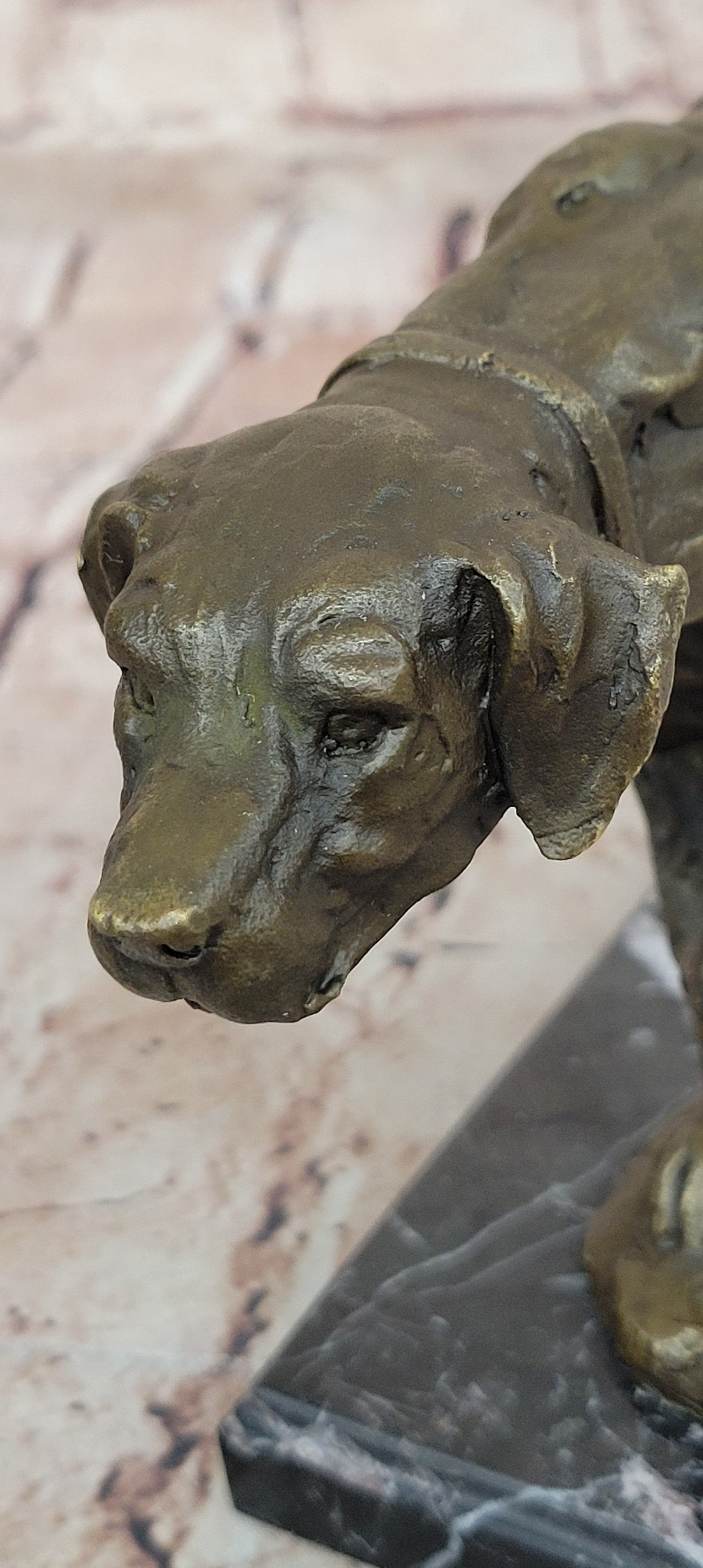 Dog Following Scent Bronze Sculpture Statue Figure on Marble Base Signed Milo