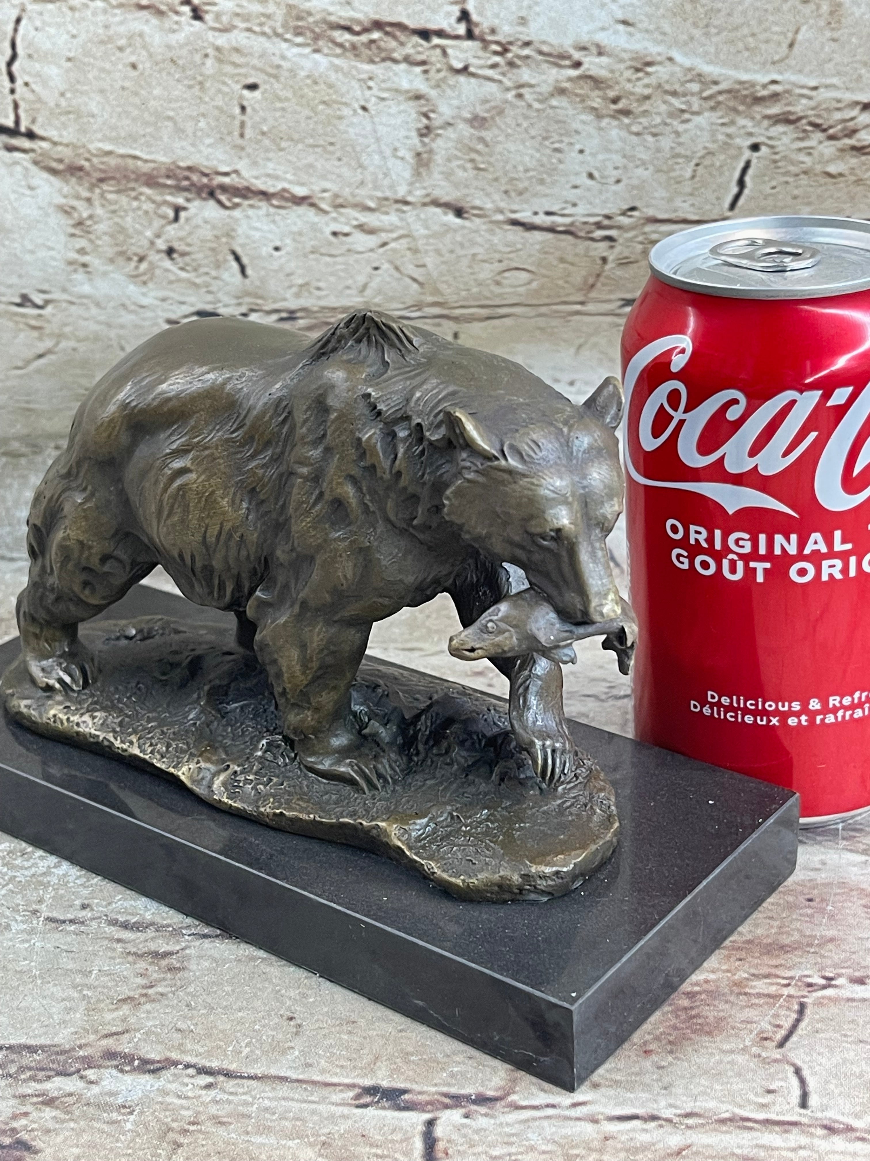 Bronze Grizzly Bear Hunting Fish River Sculpture Art Figurine Marble Base Figure