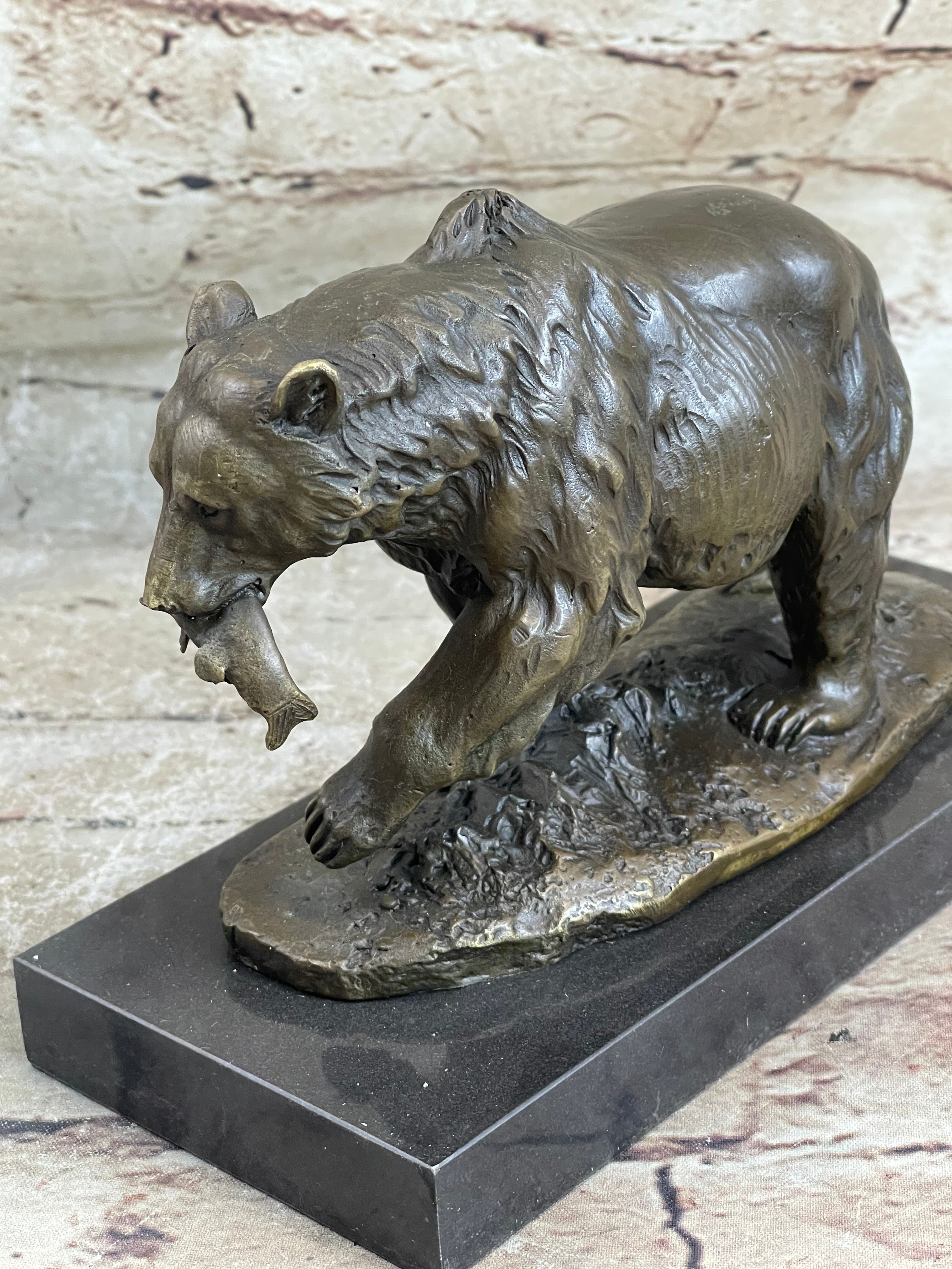 Bronze Grizzly Bear Hunting Fish River Sculpture Art Figurine Marble Base Figure
