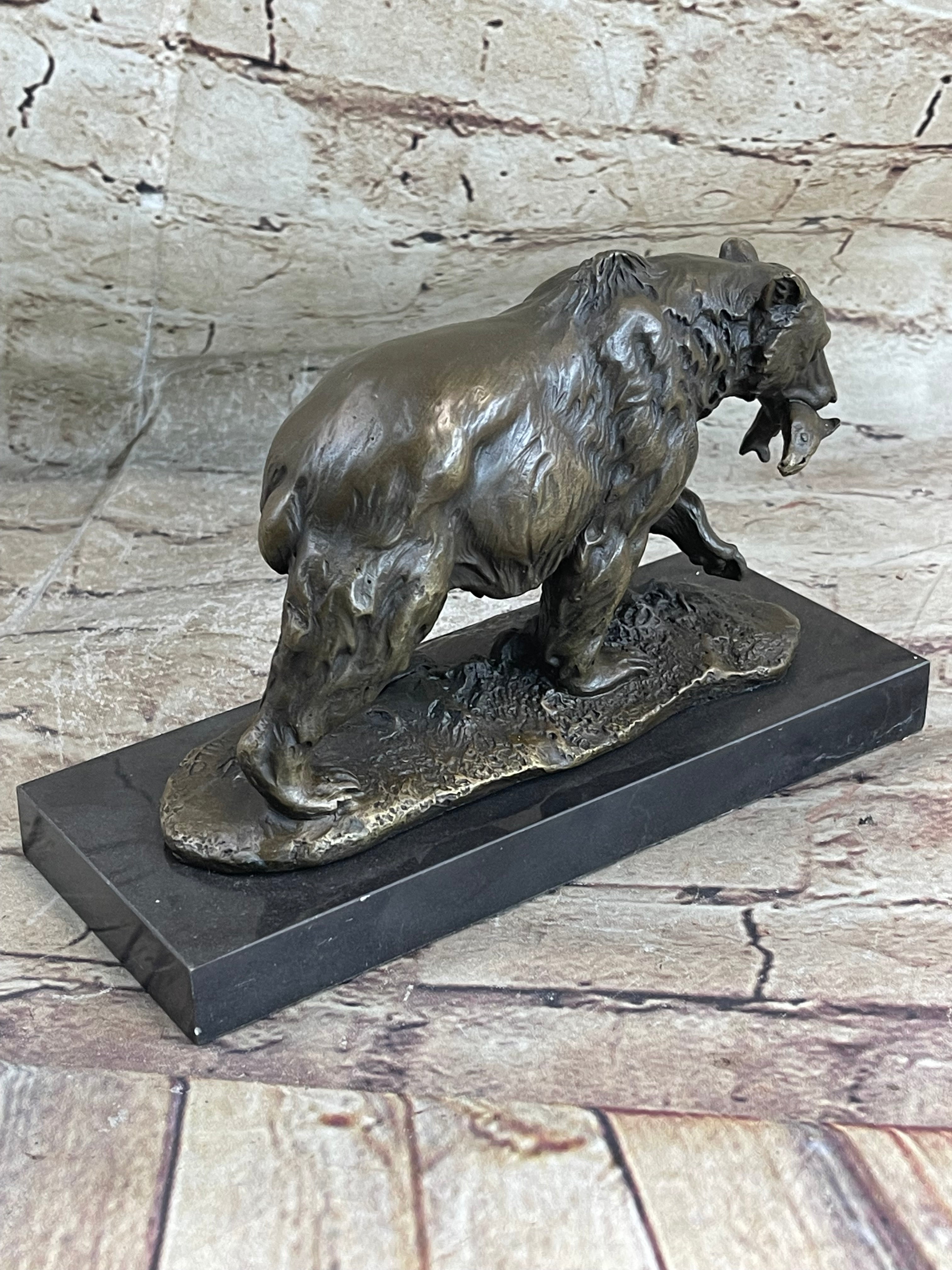 Bronze Grizzly Bear Hunting Fish River Sculpture Art Figurine Marble Base Figure