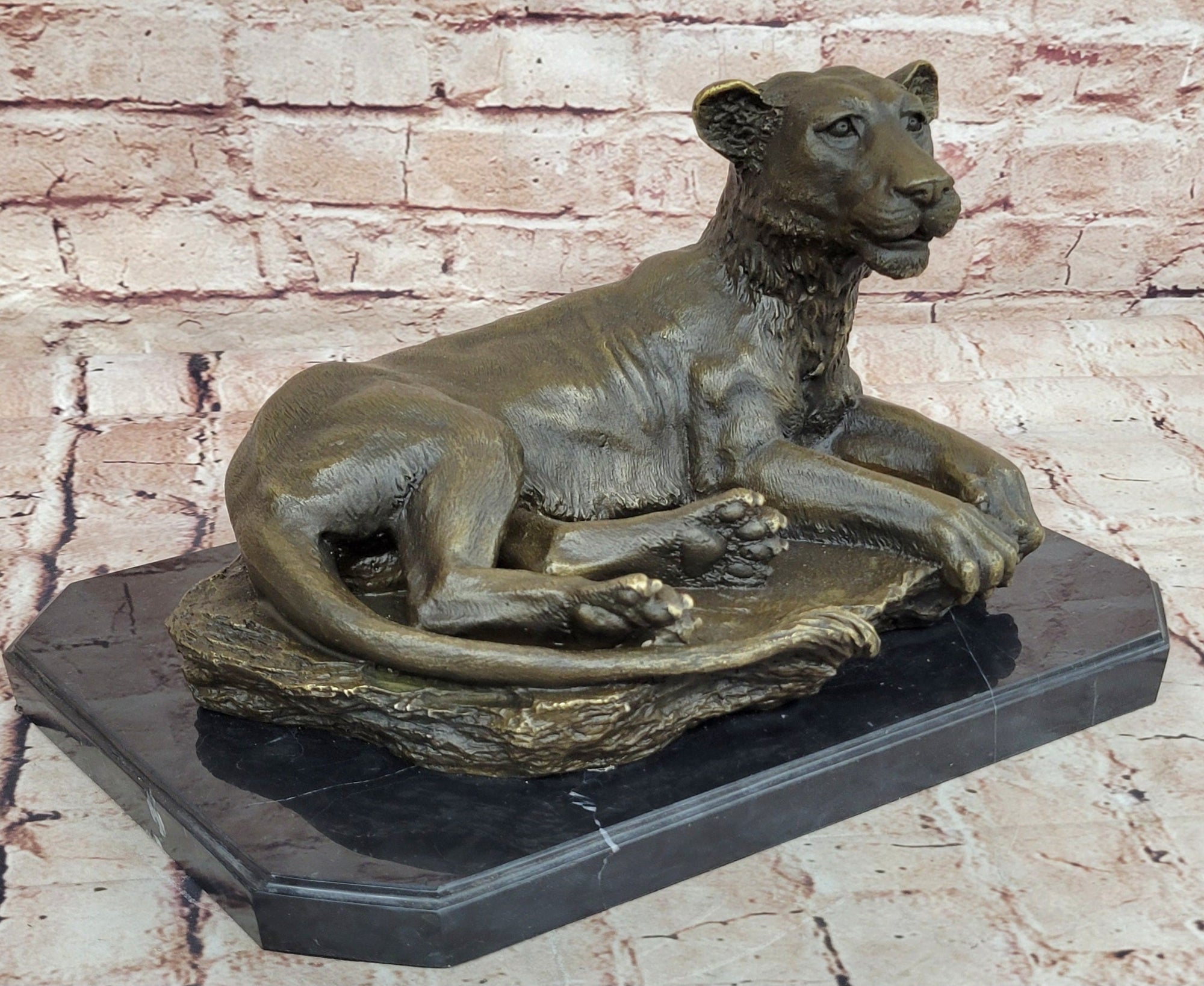 Art Deco Large Female African Wildlife Lion Bronze Sculpture Marble Statue Decor