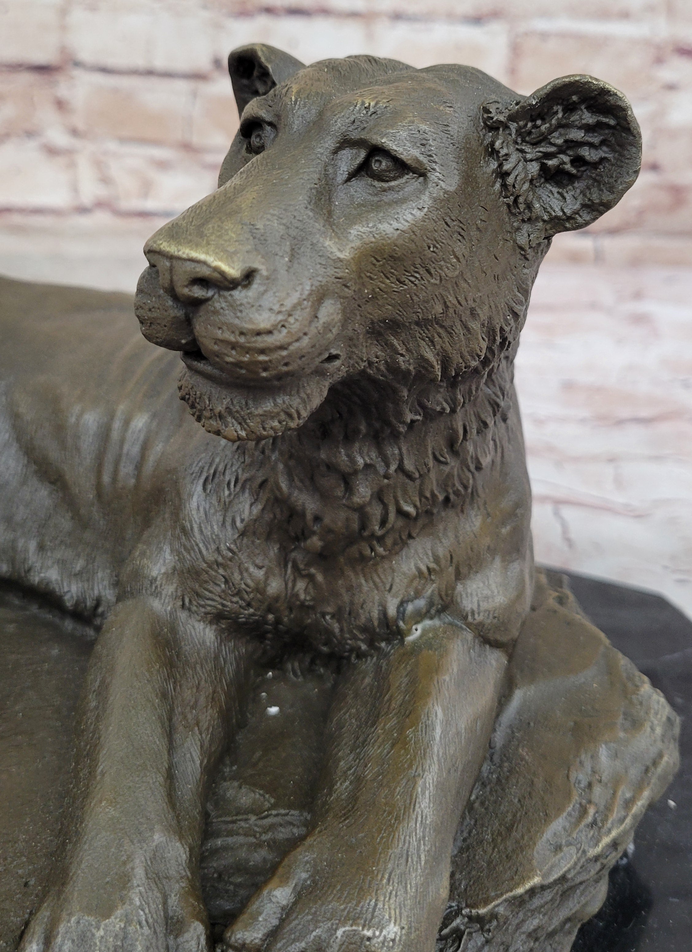 Art Deco Large Female African Wildlife Lion Bronze Sculpture Marble Statue Decor