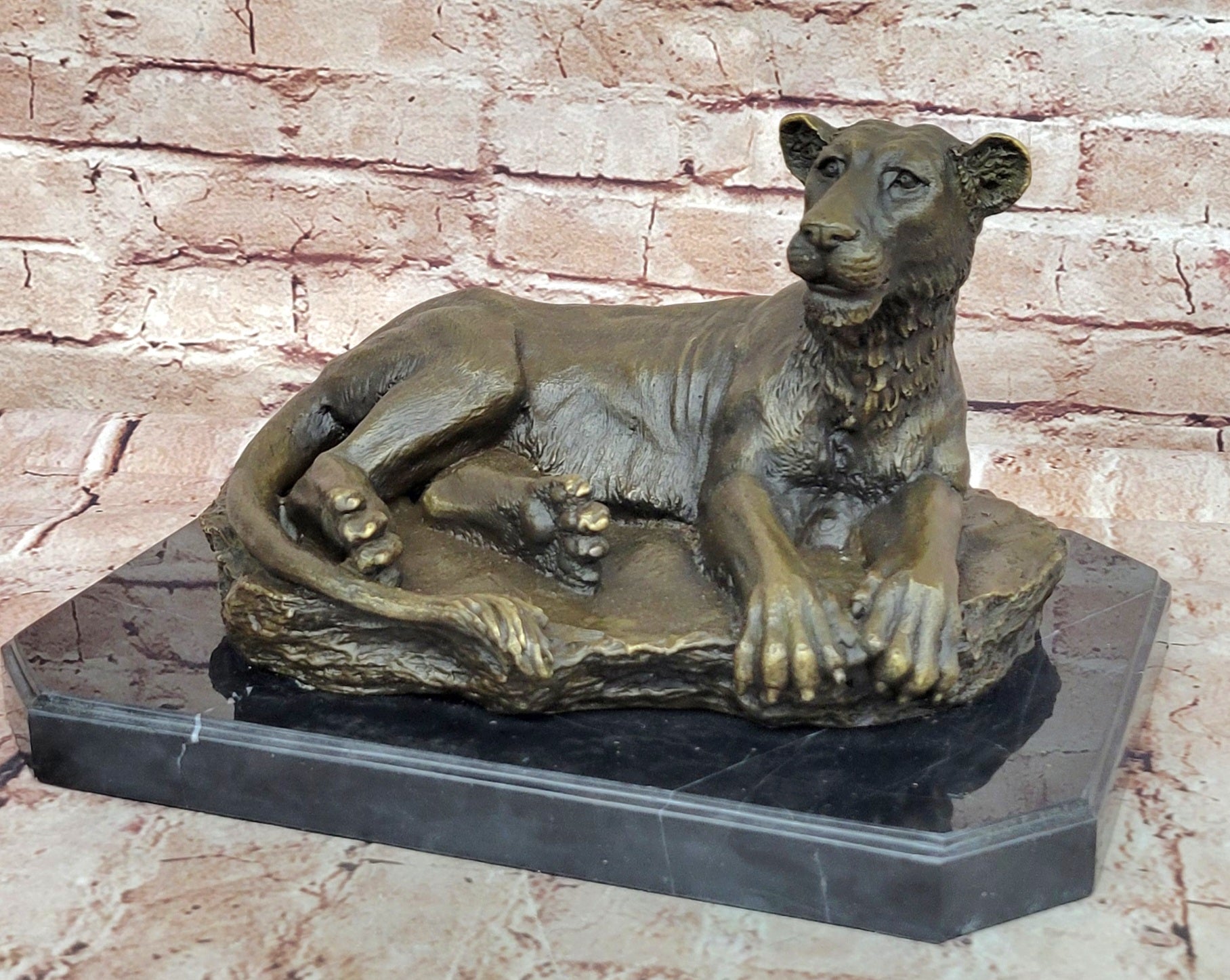 Art Deco Large Female African Wildlife Lion Bronze Sculpture Marble Statue Decor