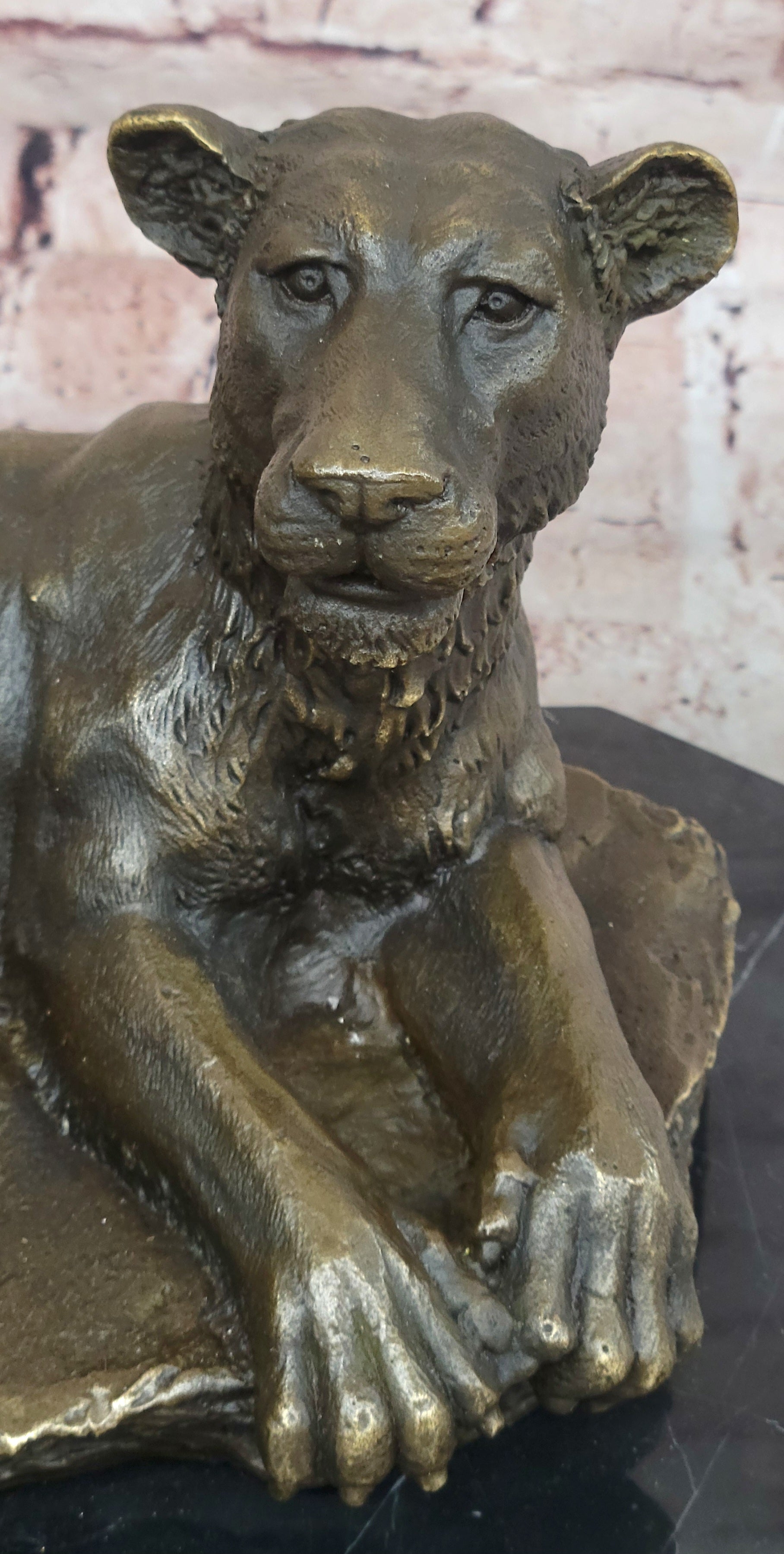 Art Deco Large Female African Wildlife Lion Bronze Sculpture Marble Statue Decor