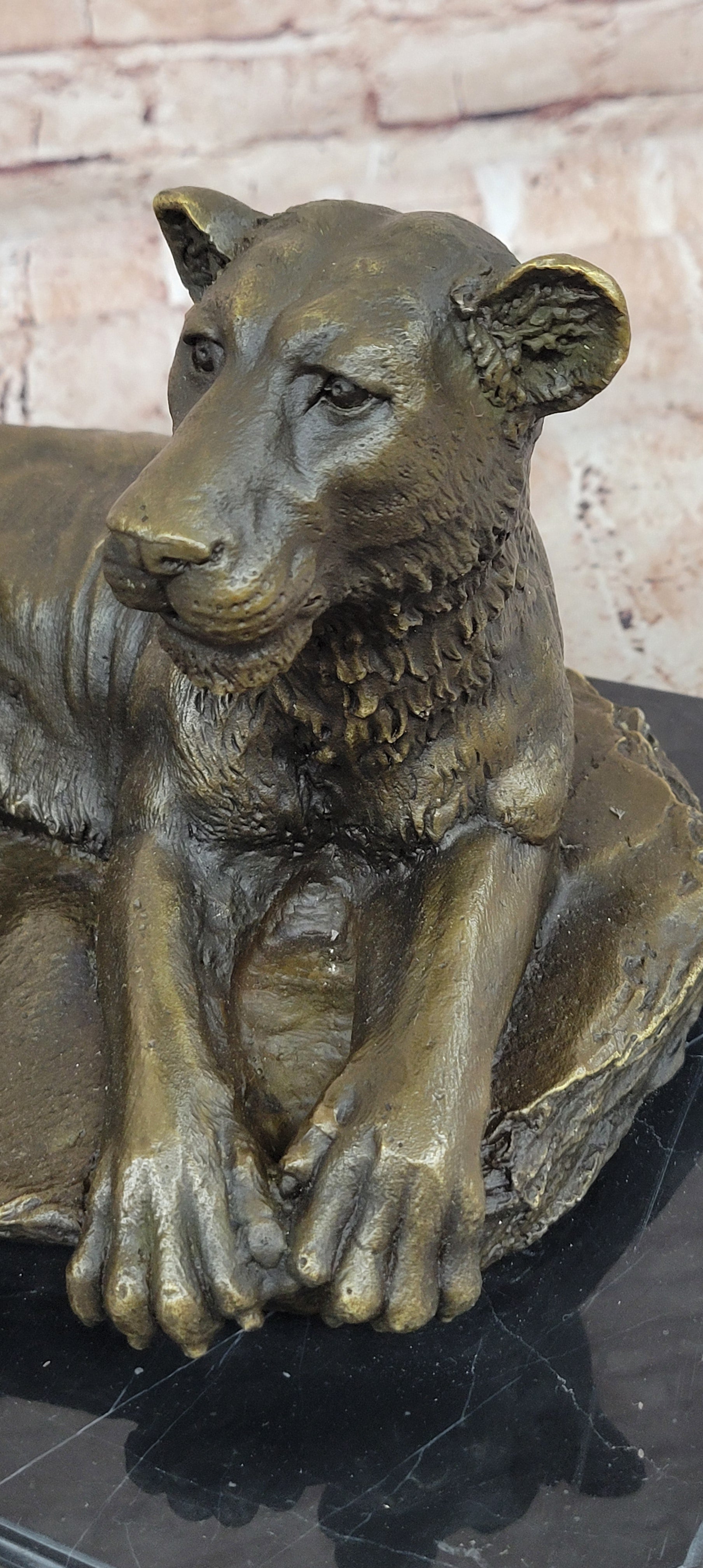 Art Deco Large Female African Wildlife Lion Bronze Sculpture Marble Statue Decor