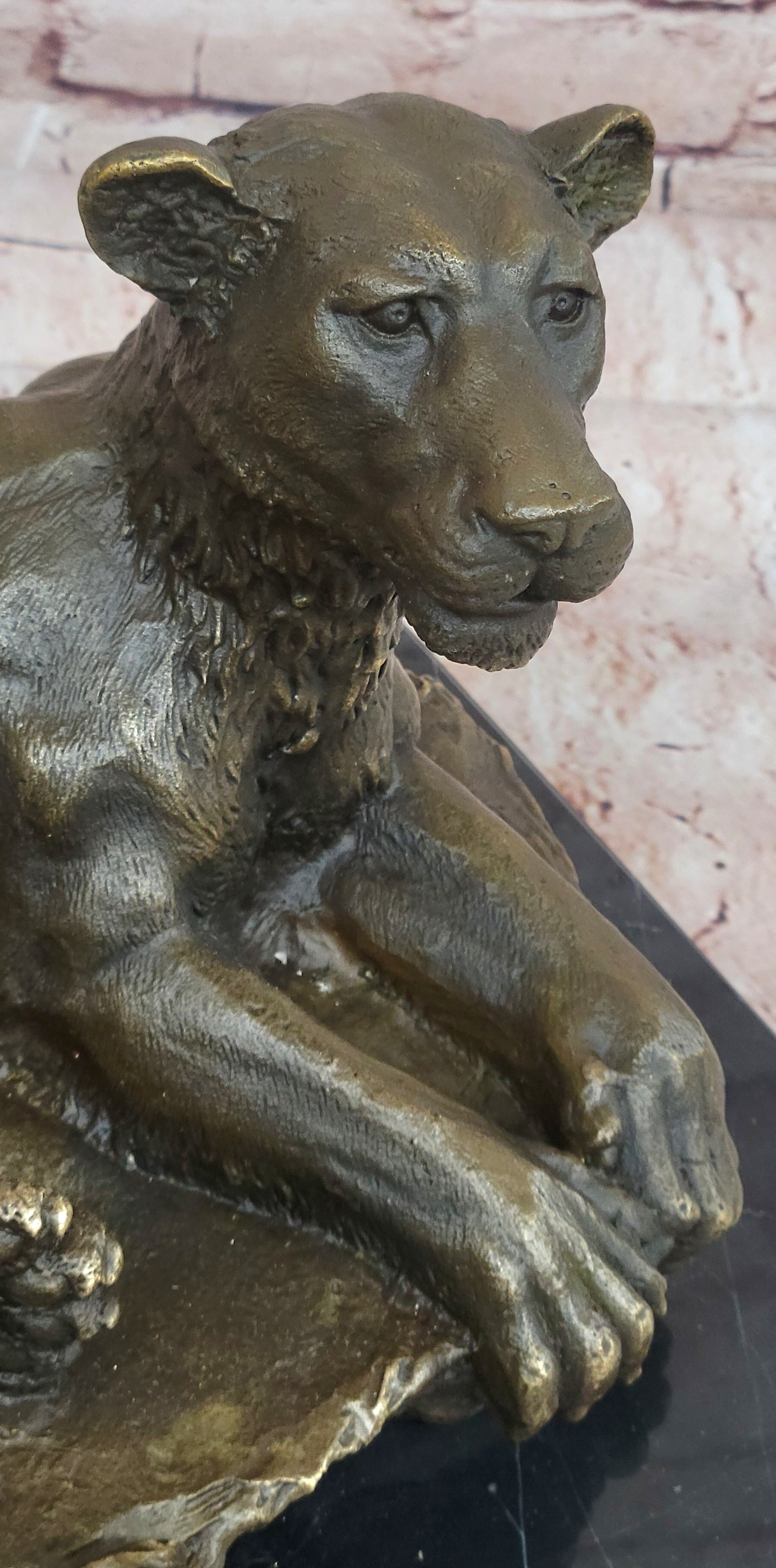 Art Deco Large Female African Wildlife Lion Bronze Sculpture Marble Statue Decor