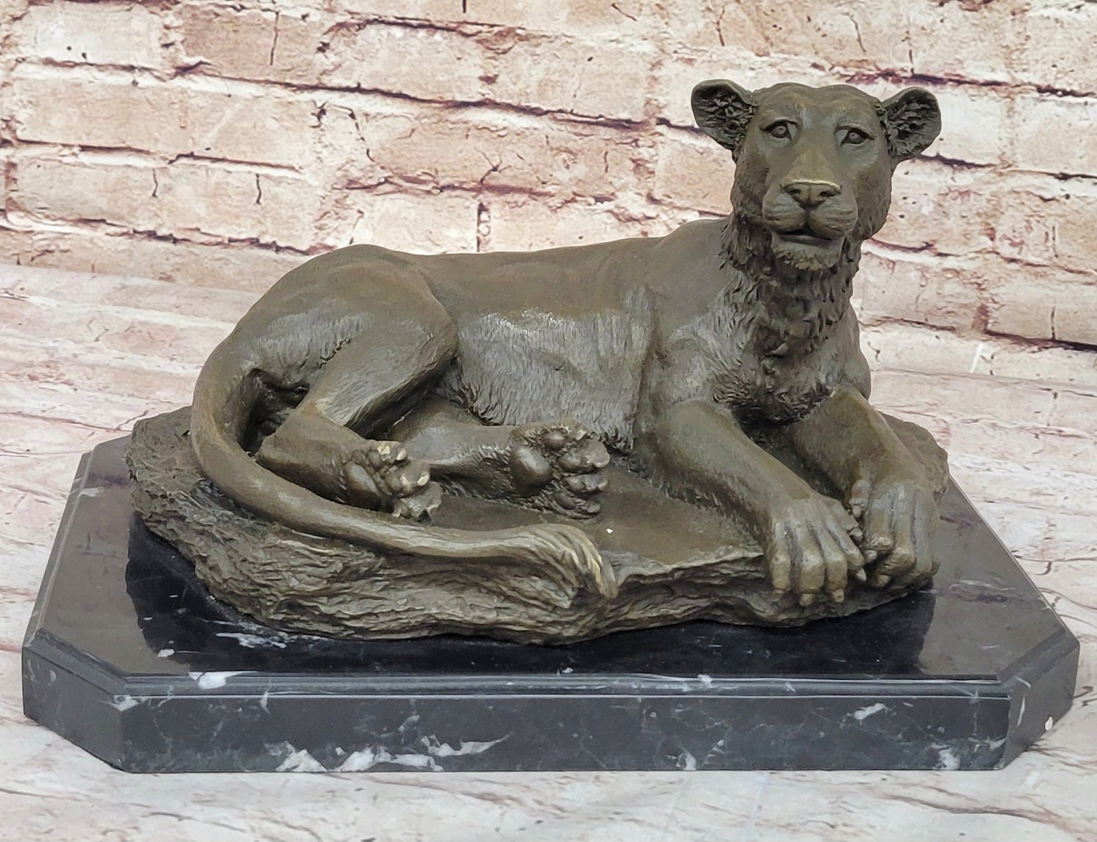 Art Deco Large Female African Wildlife Lion Bronze Sculpture Marble Statue Decor