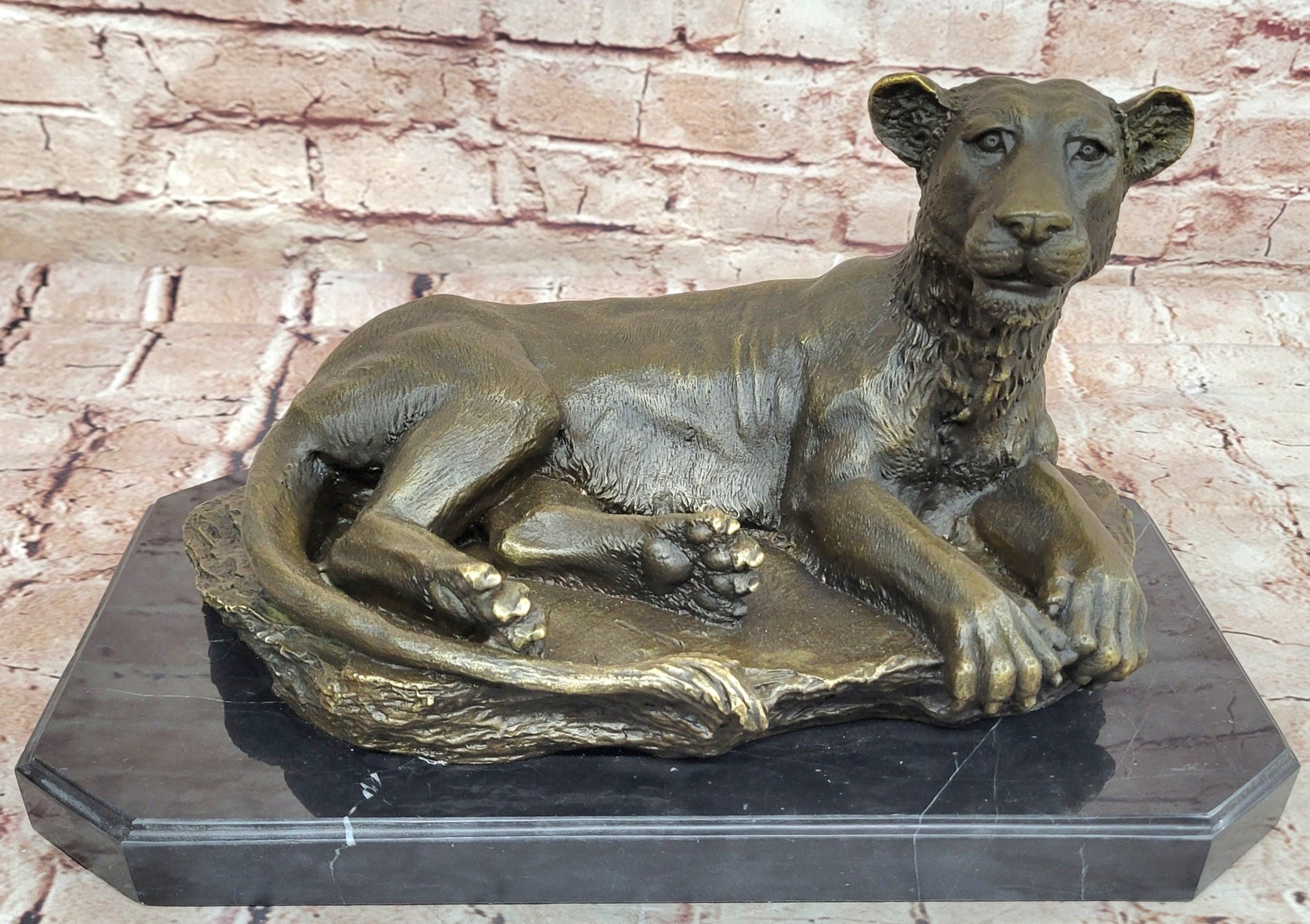 Art Deco Large Female African Wildlife Lion Bronze Sculpture Marble Statue Decor