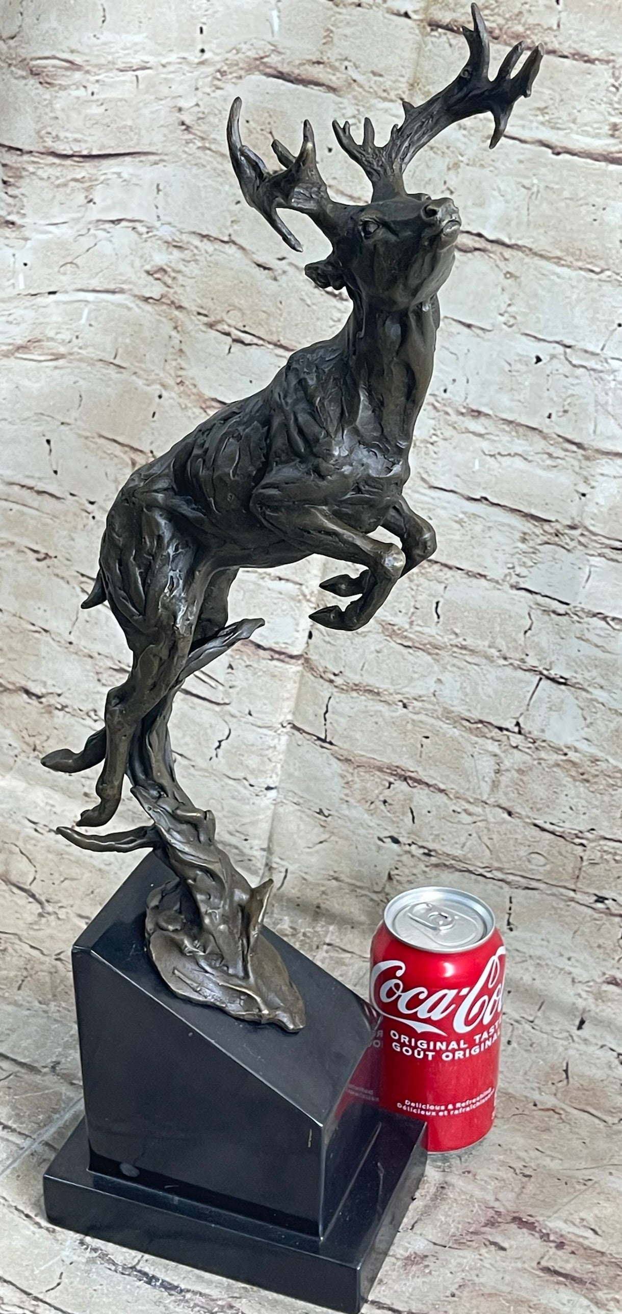 Elk Deer Caribou Stag Buck Jumping Bronze Statue Sculpture on Marble Base