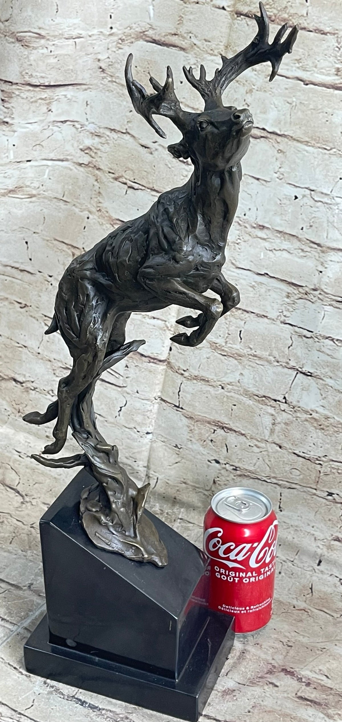 Elk Deer Caribou Stag Buck Jumping Bronze Statue Sculpture on Marble Base