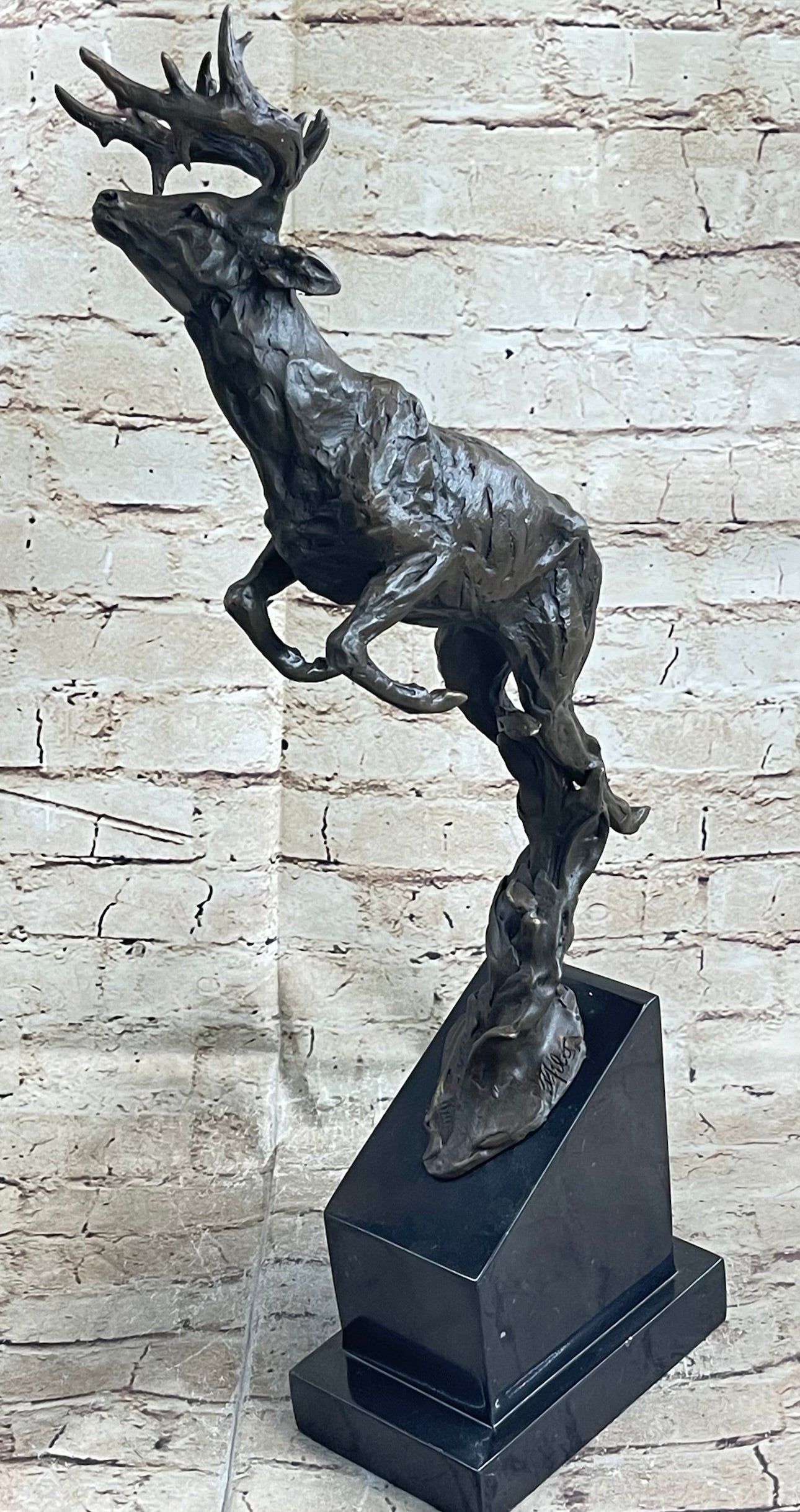 Elk Deer Caribou Stag Buck Jumping Bronze Statue Sculpture on Marble Base