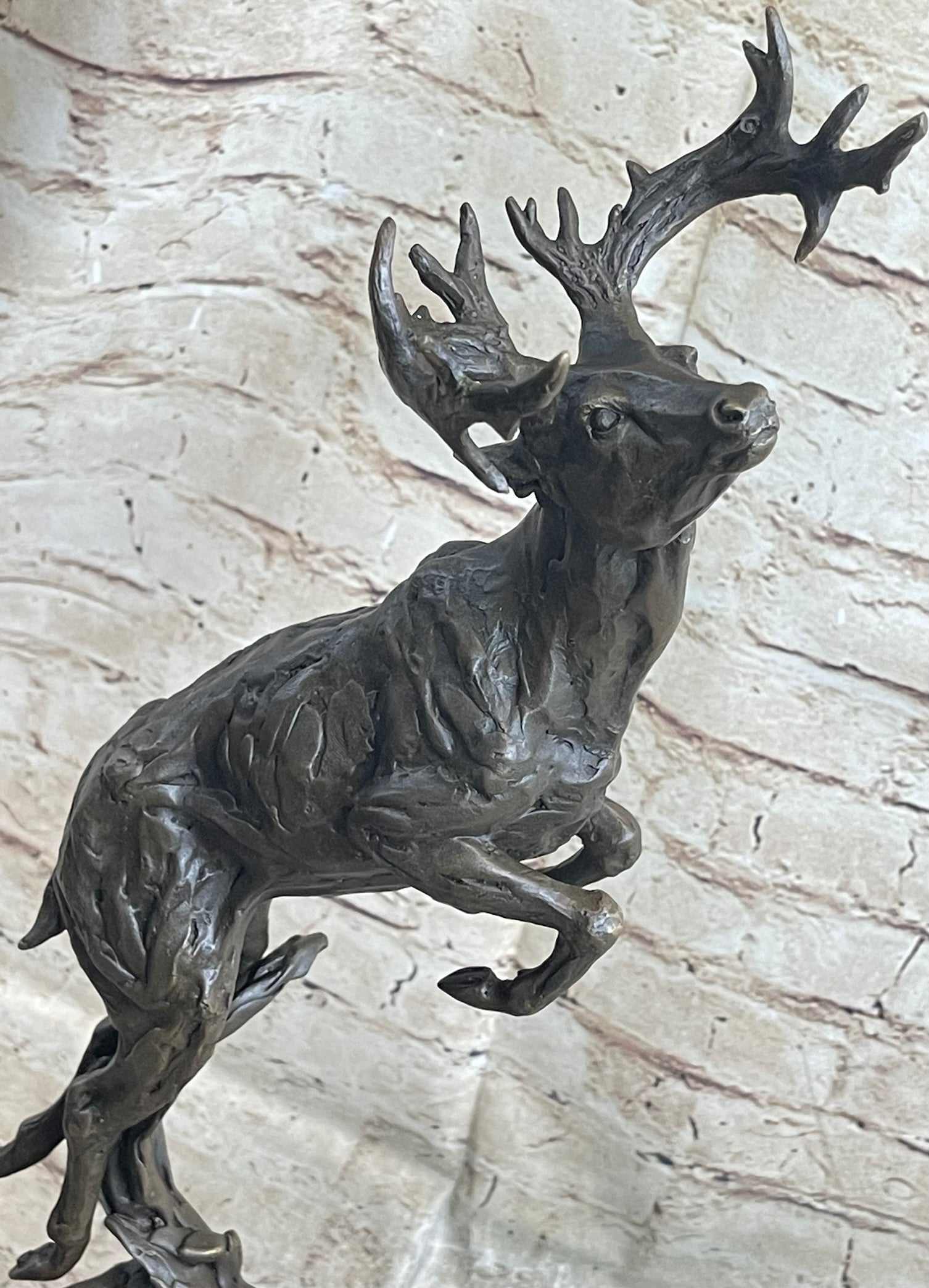 Elk Deer Caribou Stag Buck Jumping Bronze Statue Sculpture on Marble Base