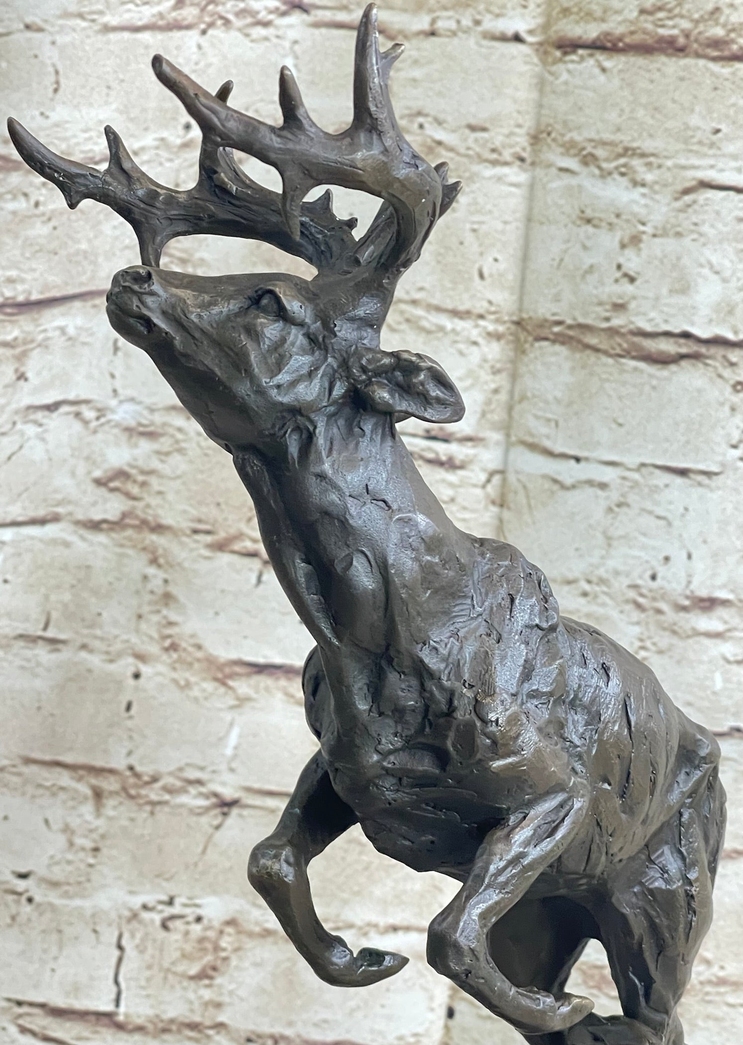 Elk Deer Caribou Stag Buck Jumping Bronze Statue Sculpture on Marble Base