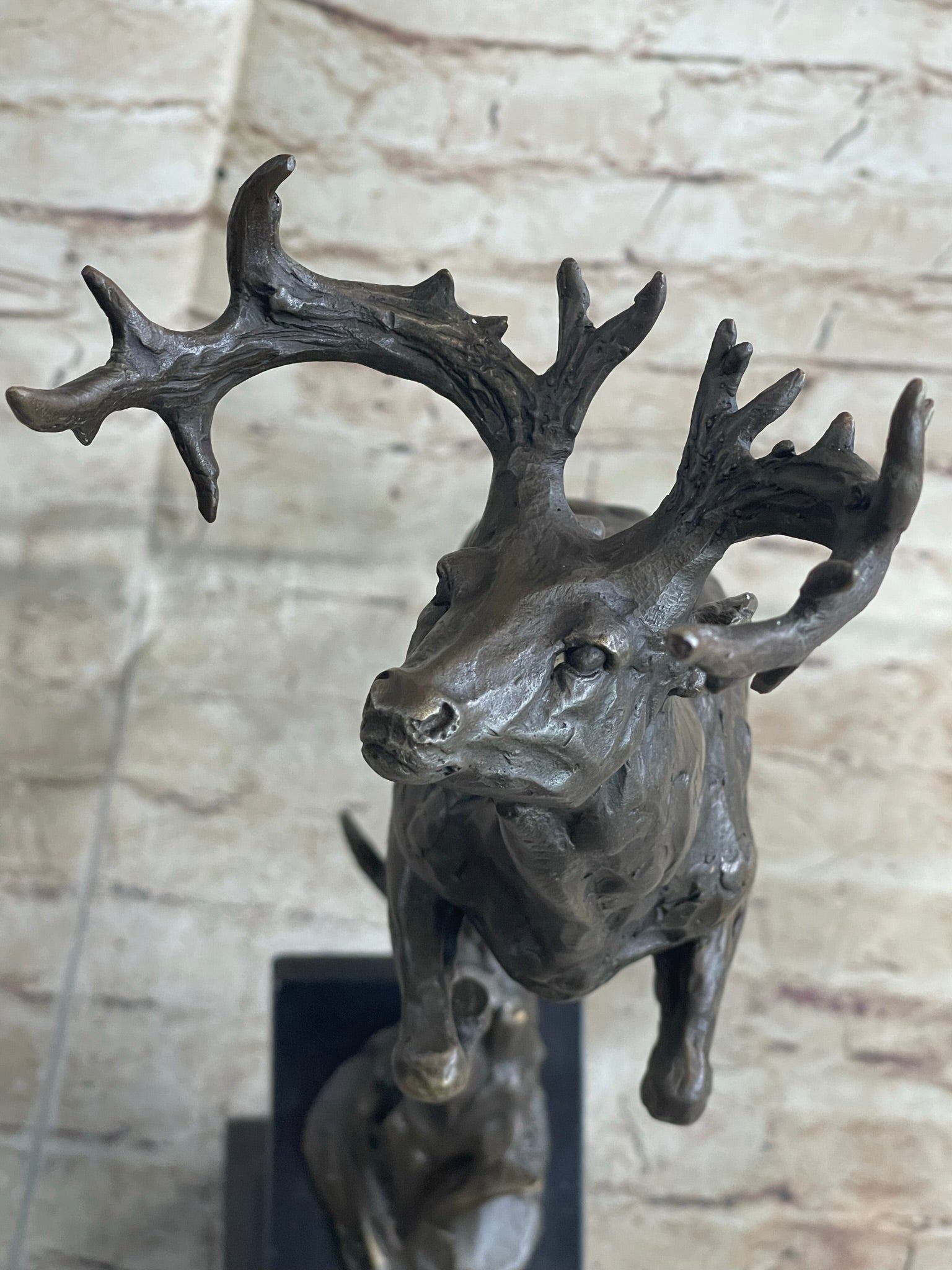Elk Deer Caribou Stag Buck Jumping Bronze Statue Sculpture on Marble Base