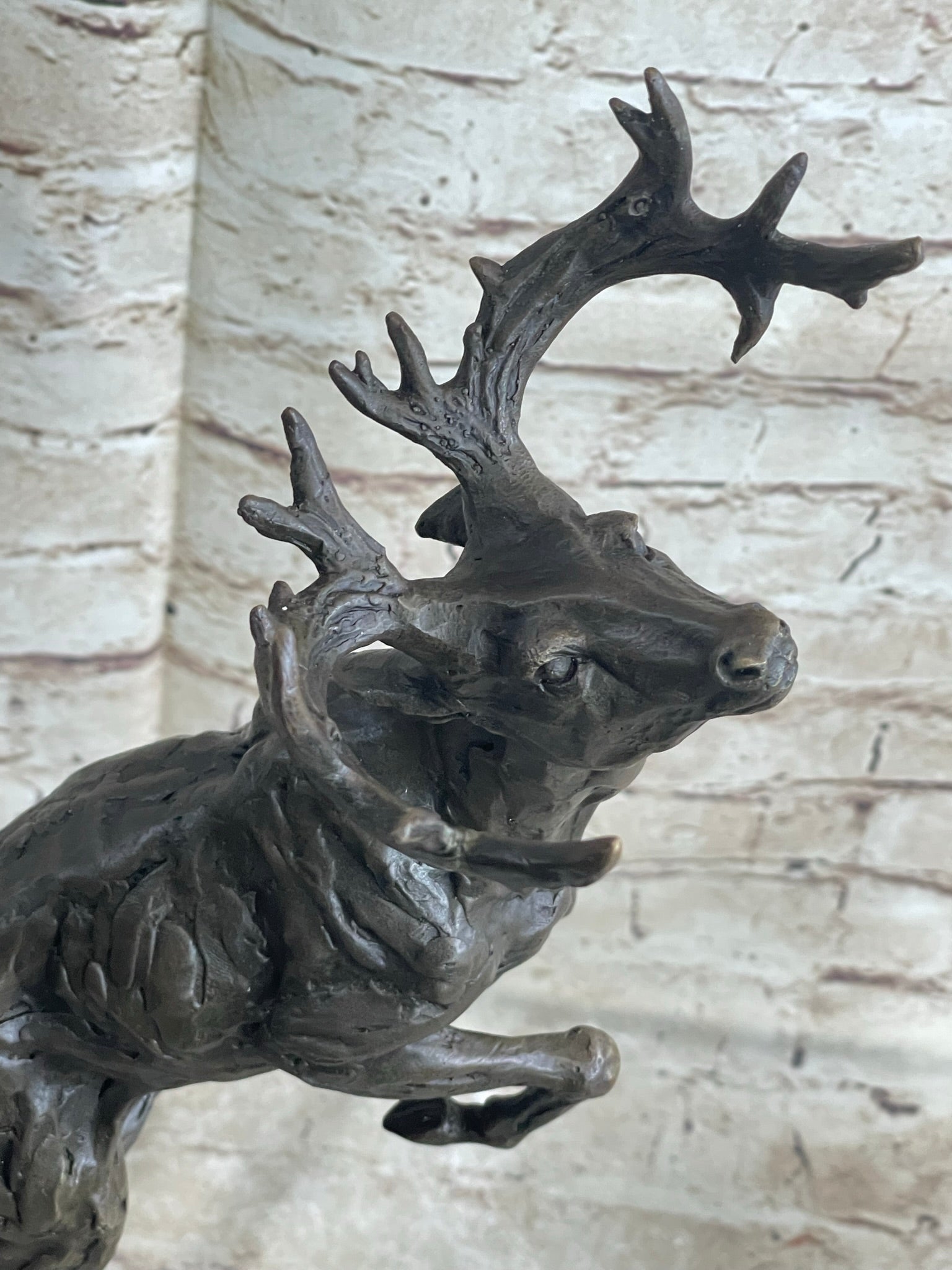Elk Deer Caribou Stag Buck Jumping Bronze Statue Sculpture on Marble Base