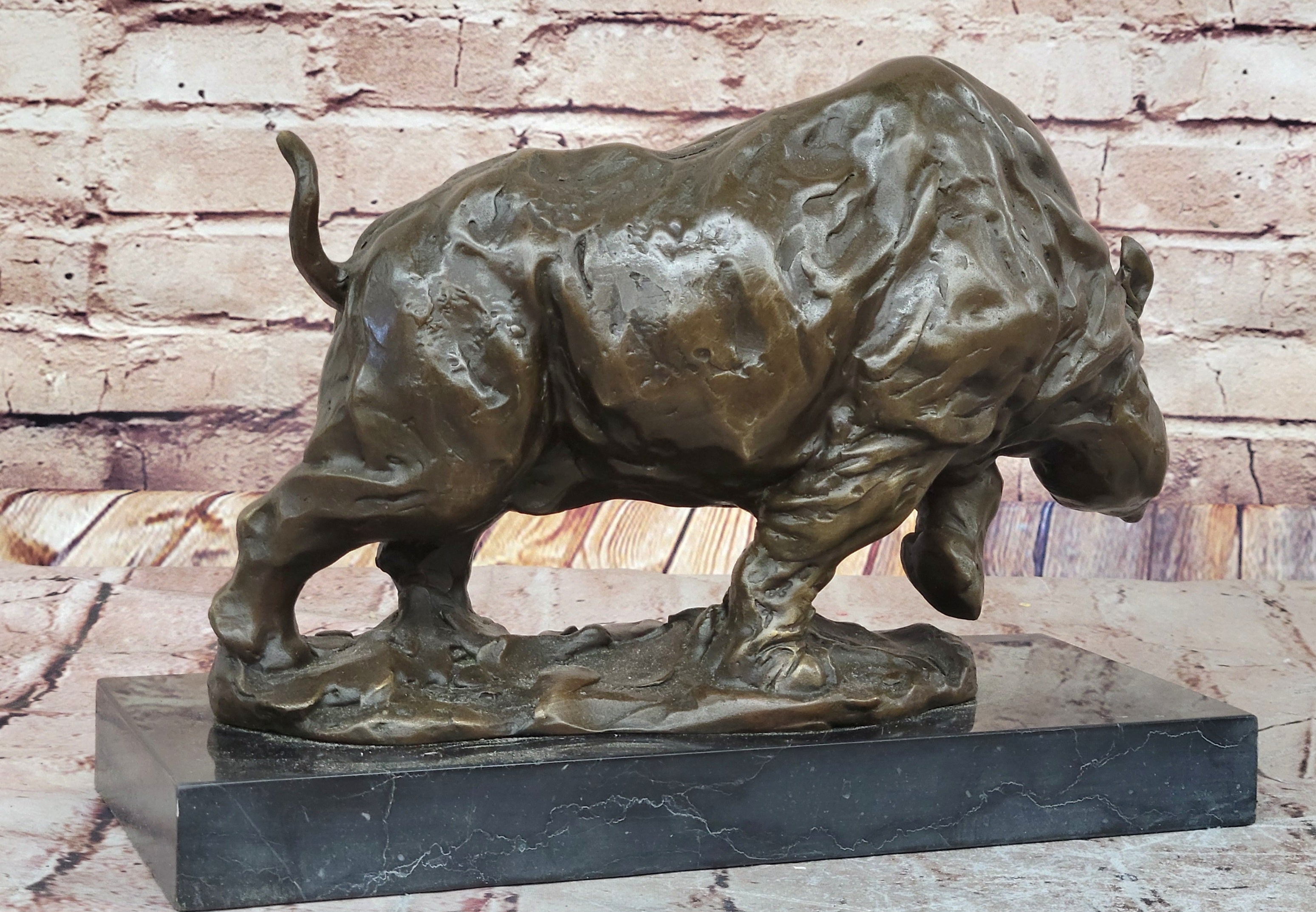 Hot Cast Bronze Rhinoceros Rhino Sculpture Statue Figure on Marble Base