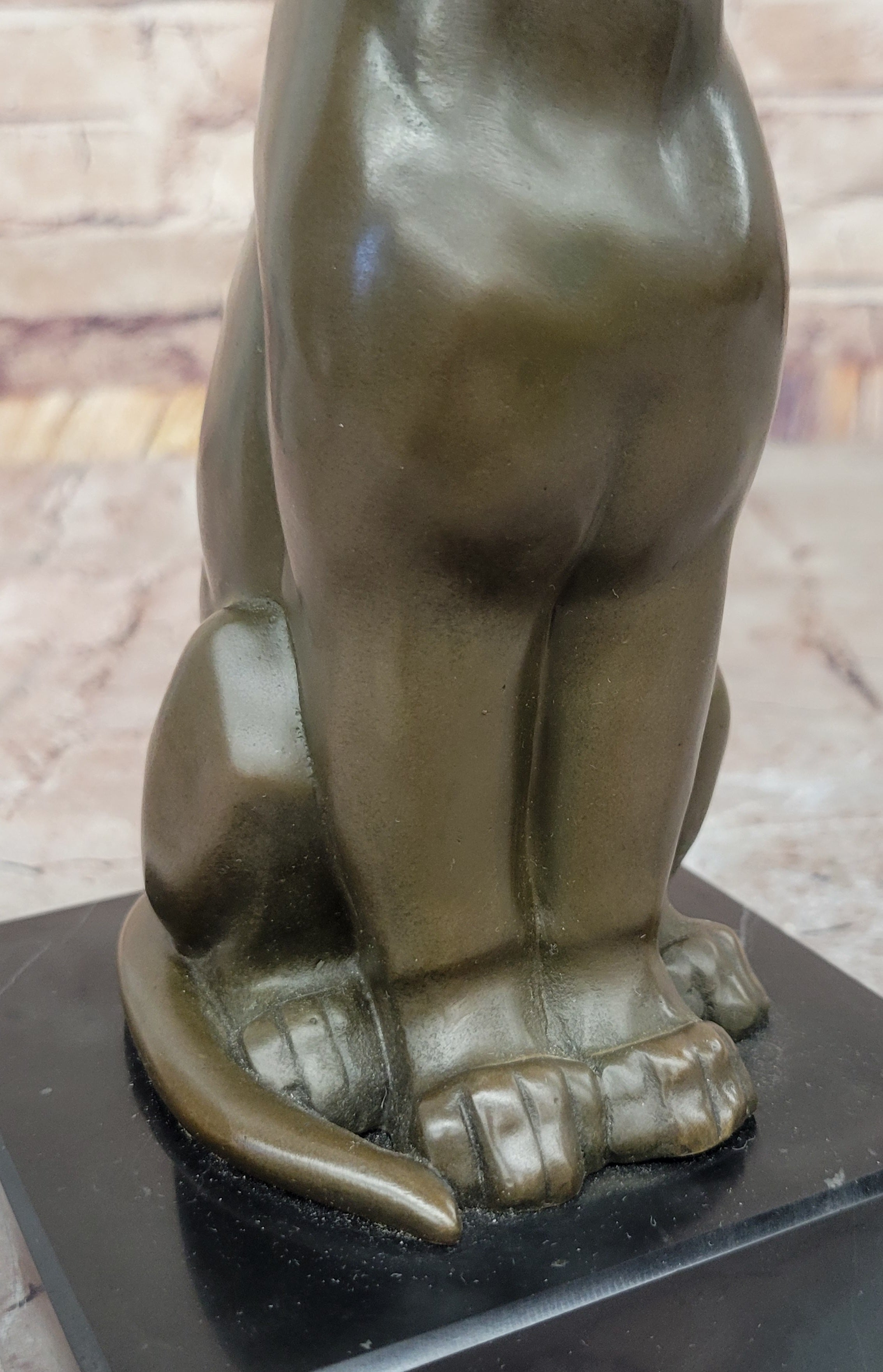 Panther Puma Cougar Cat Bronze Sculpture Statue Figure on Marble Base