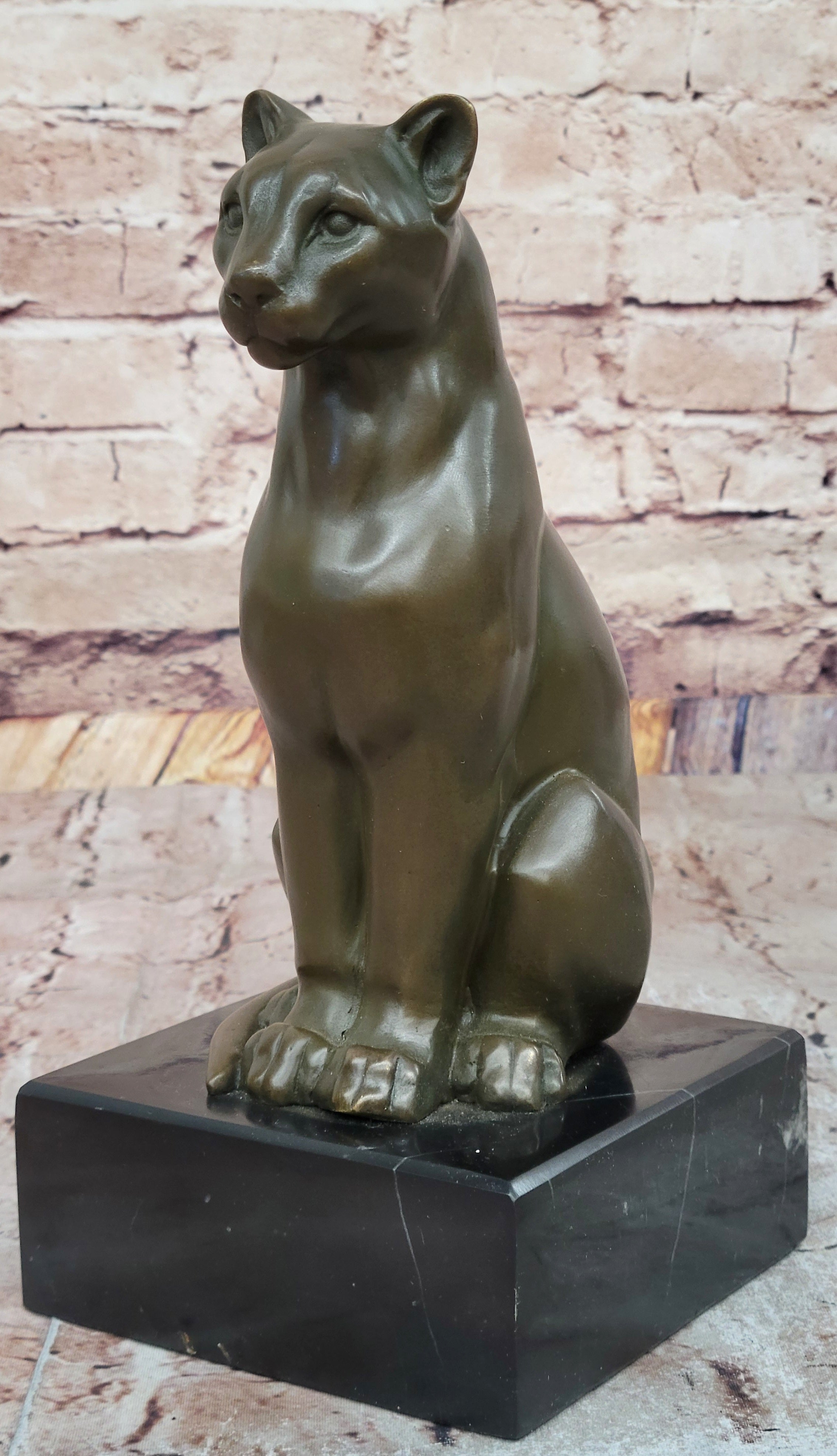Panther Puma Cougar Cat Bronze Sculpture Statue Figure on Marble Base
