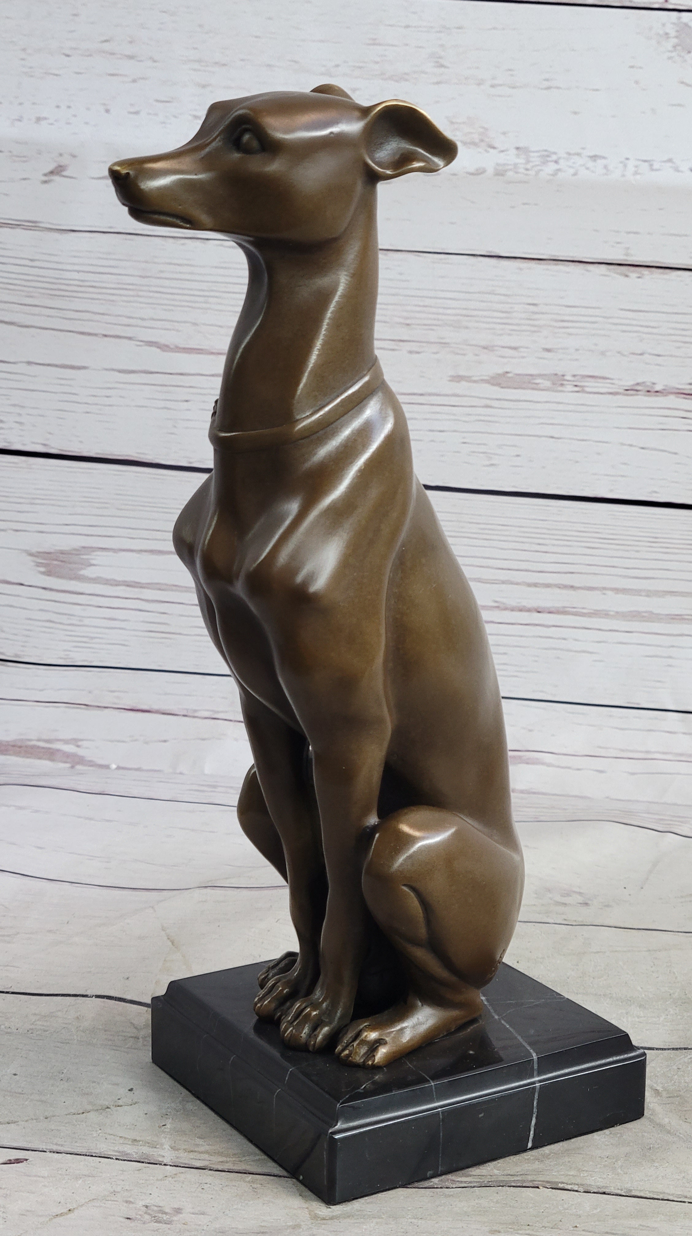 Greyhound Guardian Dog Bronze Metal Statue Sculpture Signed on Marble Base