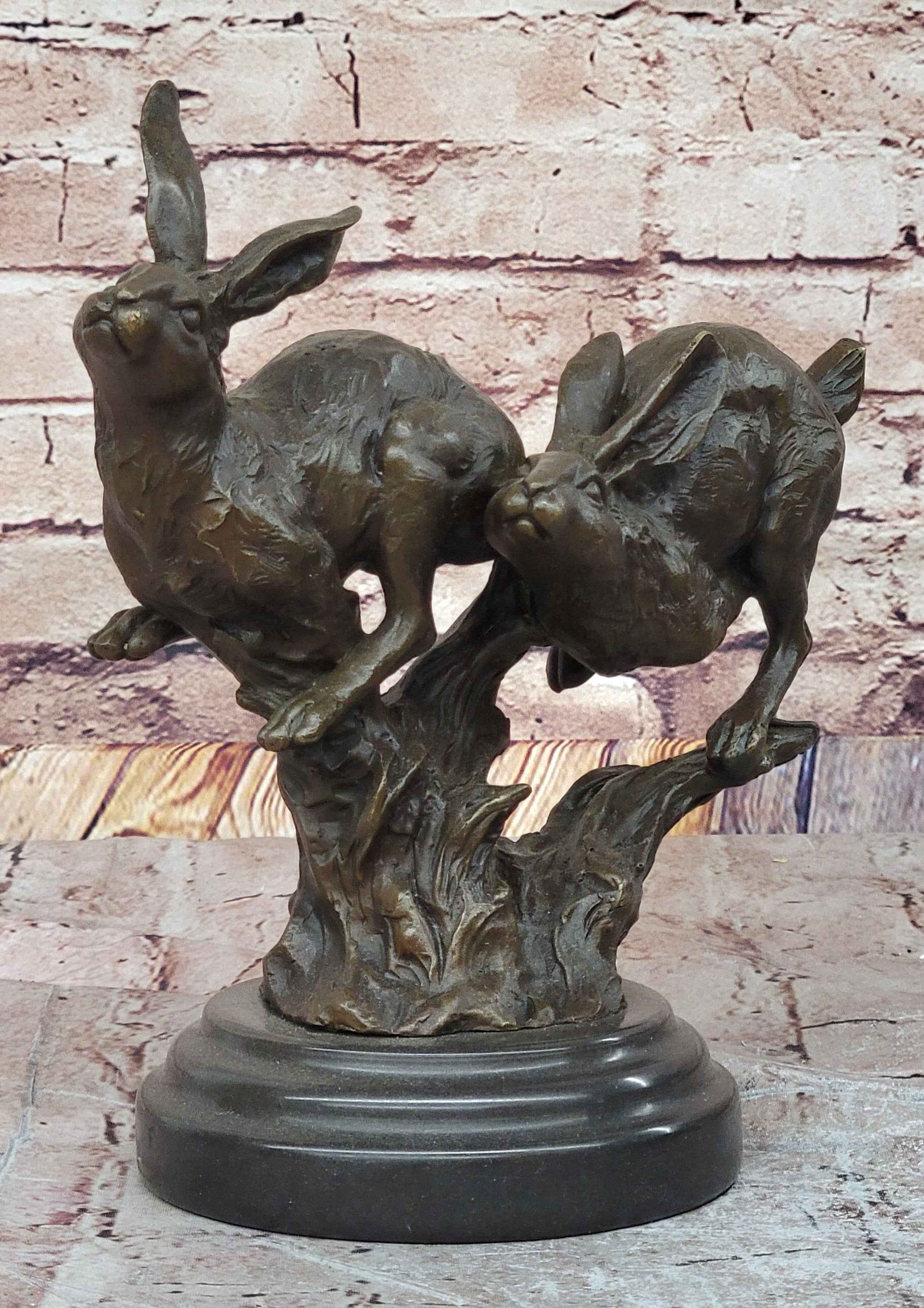 Pair of Running Rabbits Hares Bunnies Bronze Sculpture Statue Decor Signed Original Art