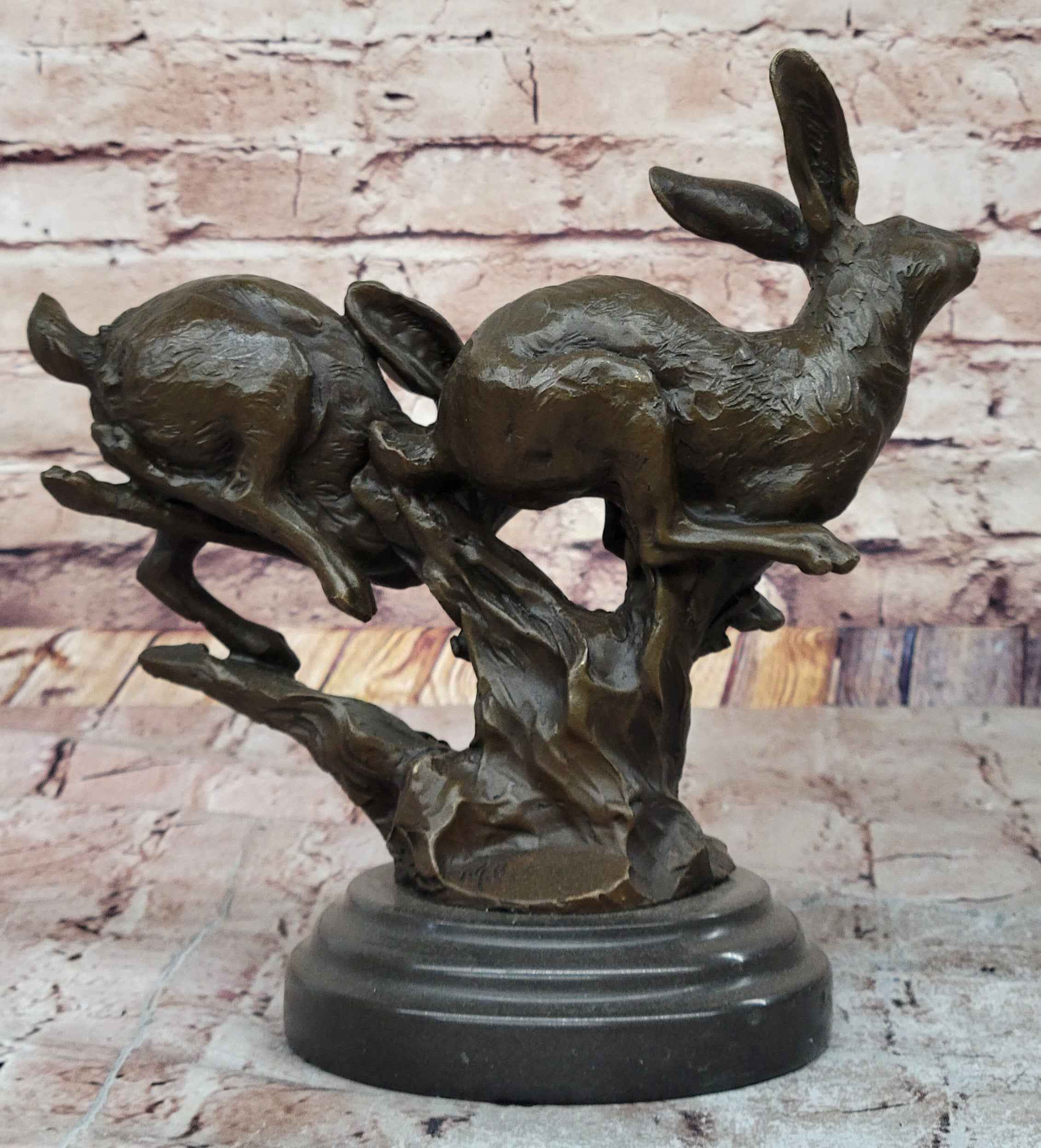 Pair of Running Rabbits Hares Bunnies Bronze Sculpture Statue Decor Signed Original Art