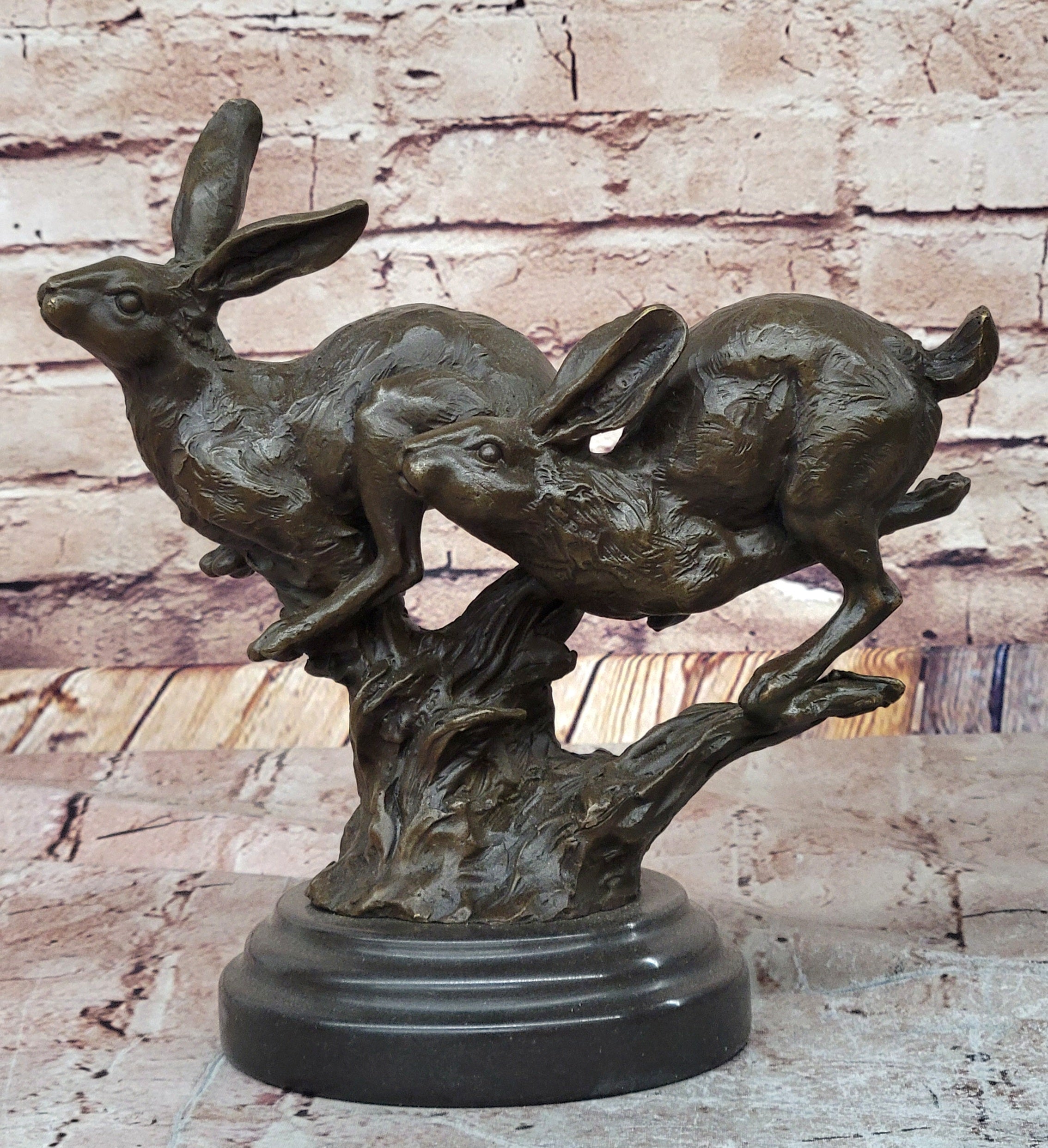 Pair of Running Rabbits Hares Bunnies Bronze Sculpture Statue Decor Signed Original Art