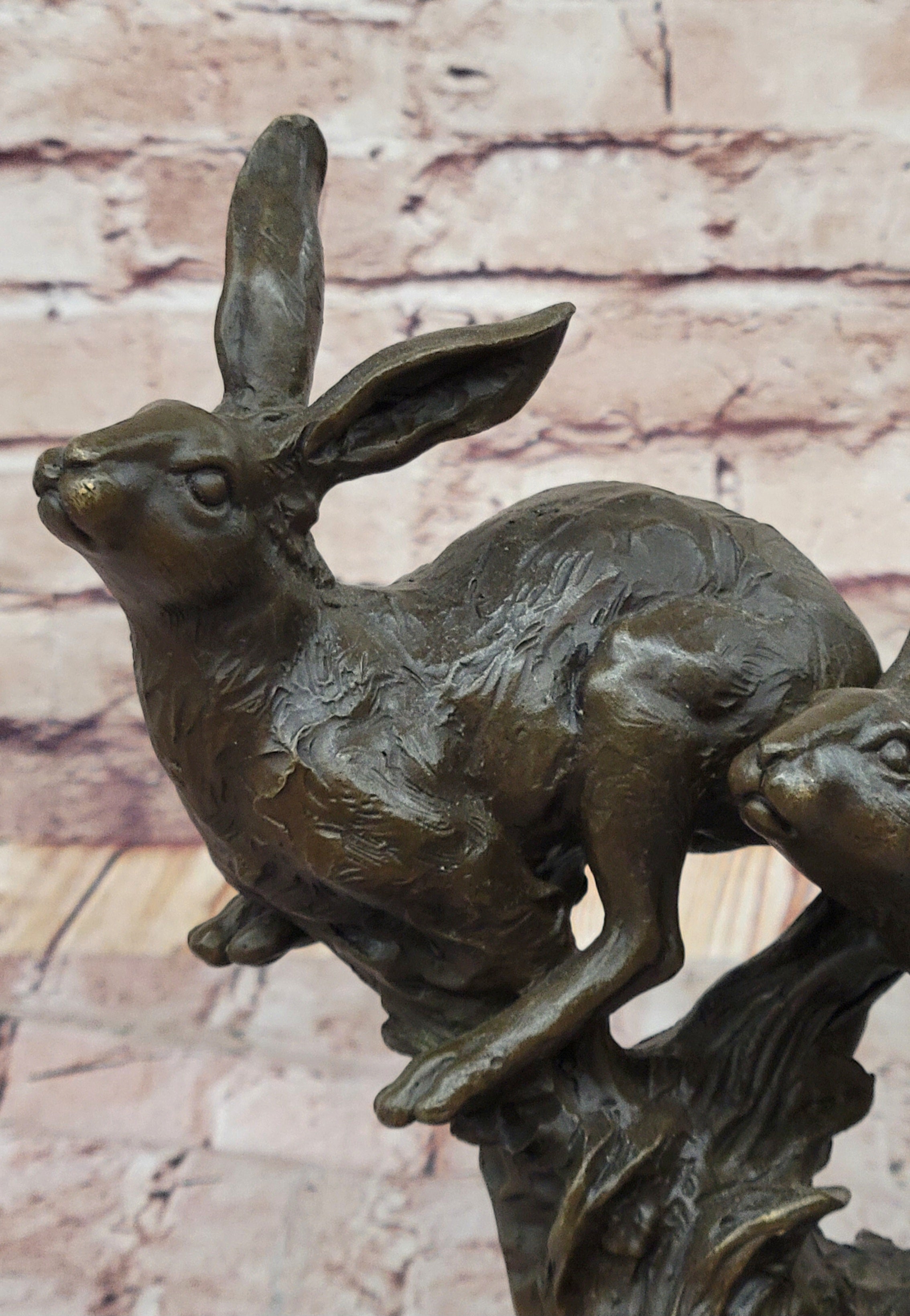 Pair of Running Rabbits Hares Bunnies Bronze Sculpture Statue Decor Signed Original Art
