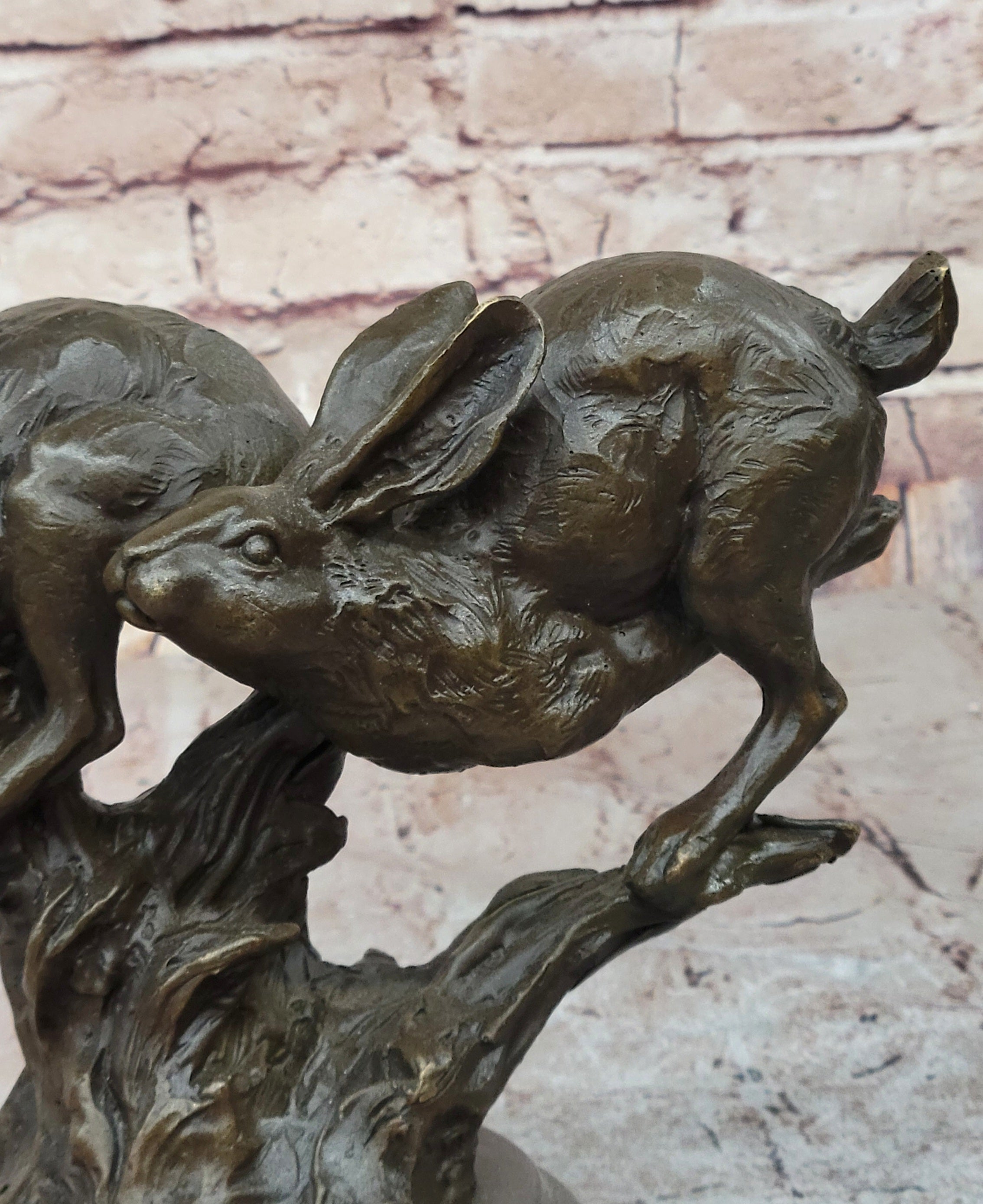 Pair of Running Rabbits Hares Bunnies Bronze Sculpture Statue Decor Signed Original Art