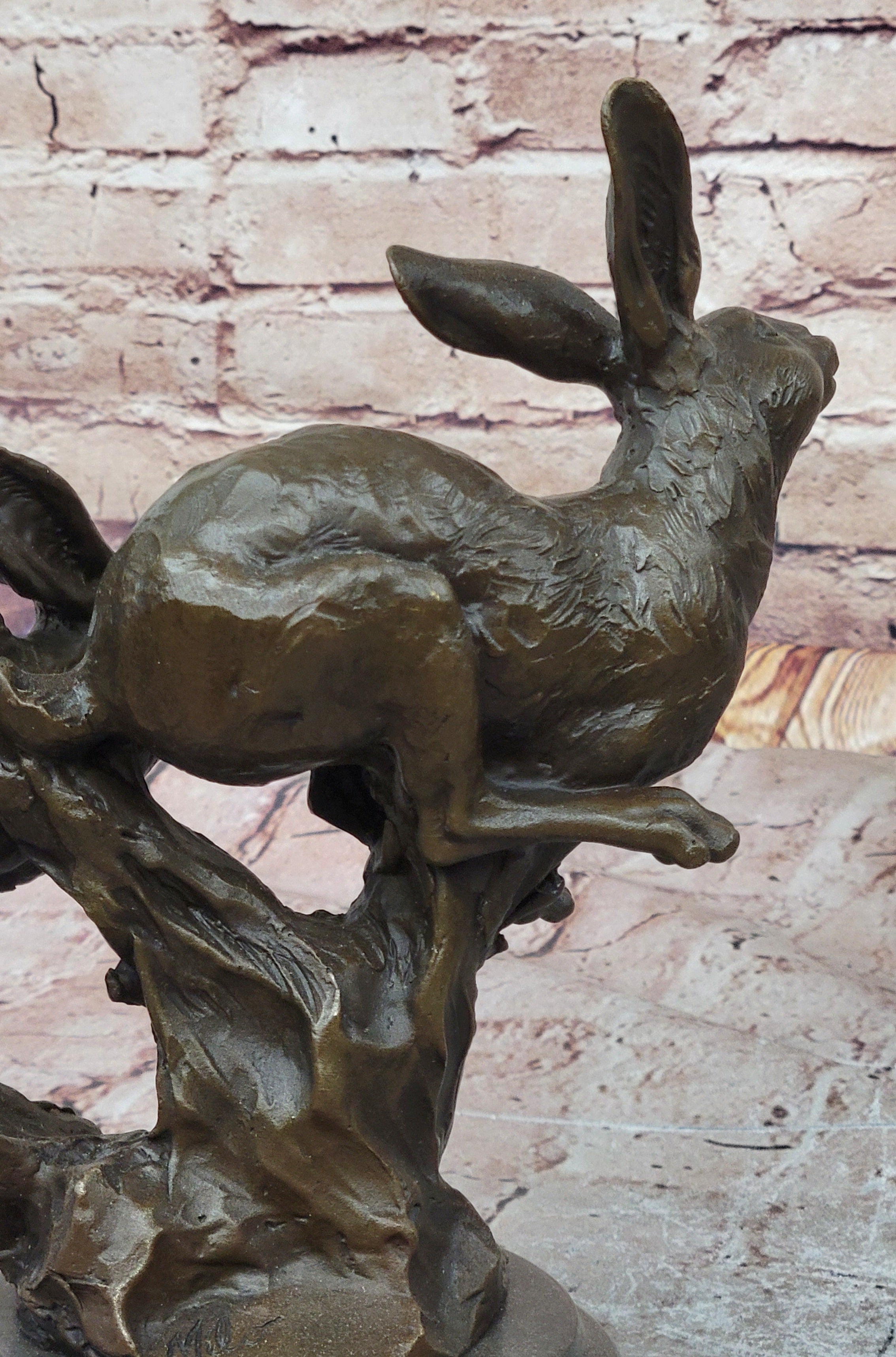 Pair of Running Rabbits Hares Bunnies Bronze Sculpture Statue Decor Signed Original Art