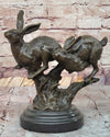 Pair of Running Rabbits Hares Bunnies Bronze Sculpture Statue Decor Signed Original Art