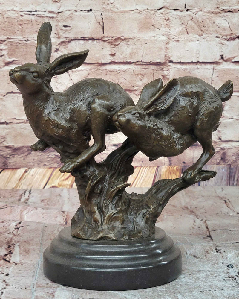 Pair of Running Rabbits Hares Bunnies Bronze Sculpture Statue Decor Signed Original Art
