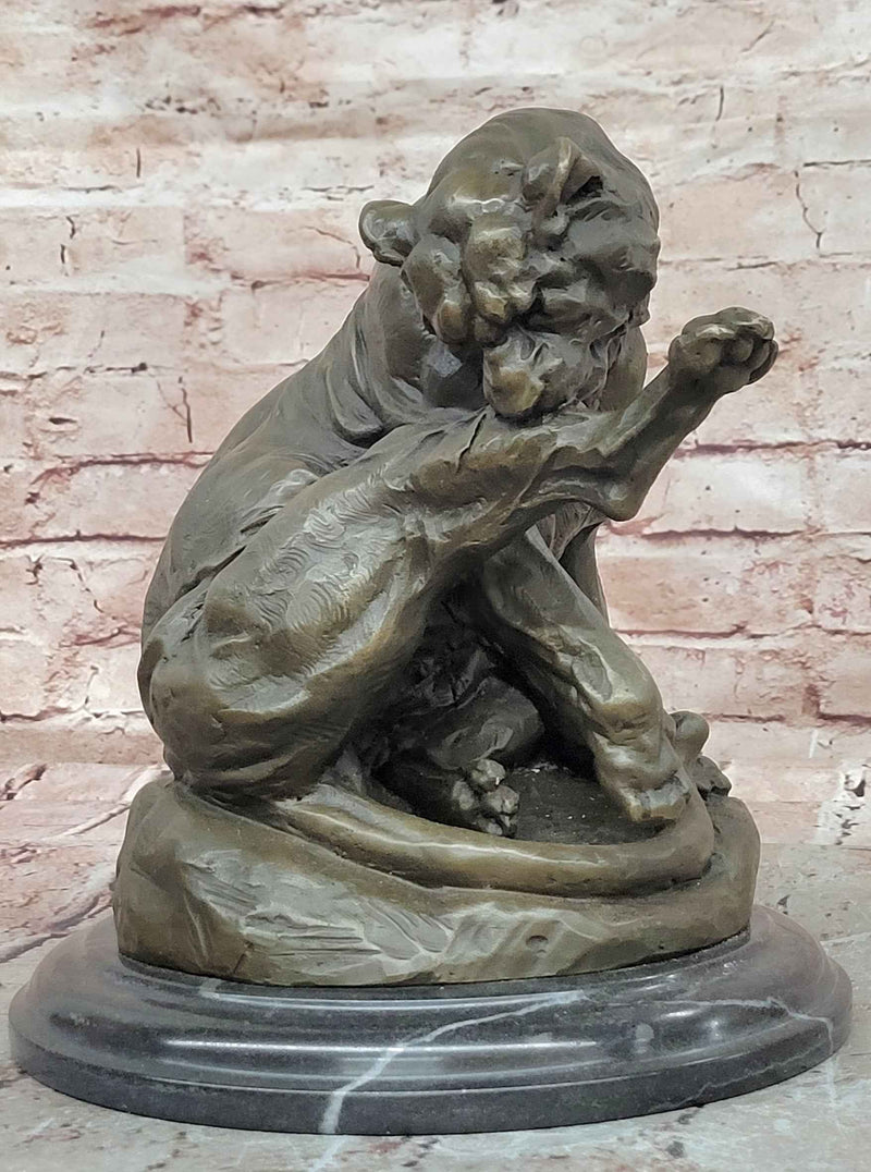 Bronze Mountain Lion Grooming Paw Sculpture Big Cat Wildlife Statue by Merculiano