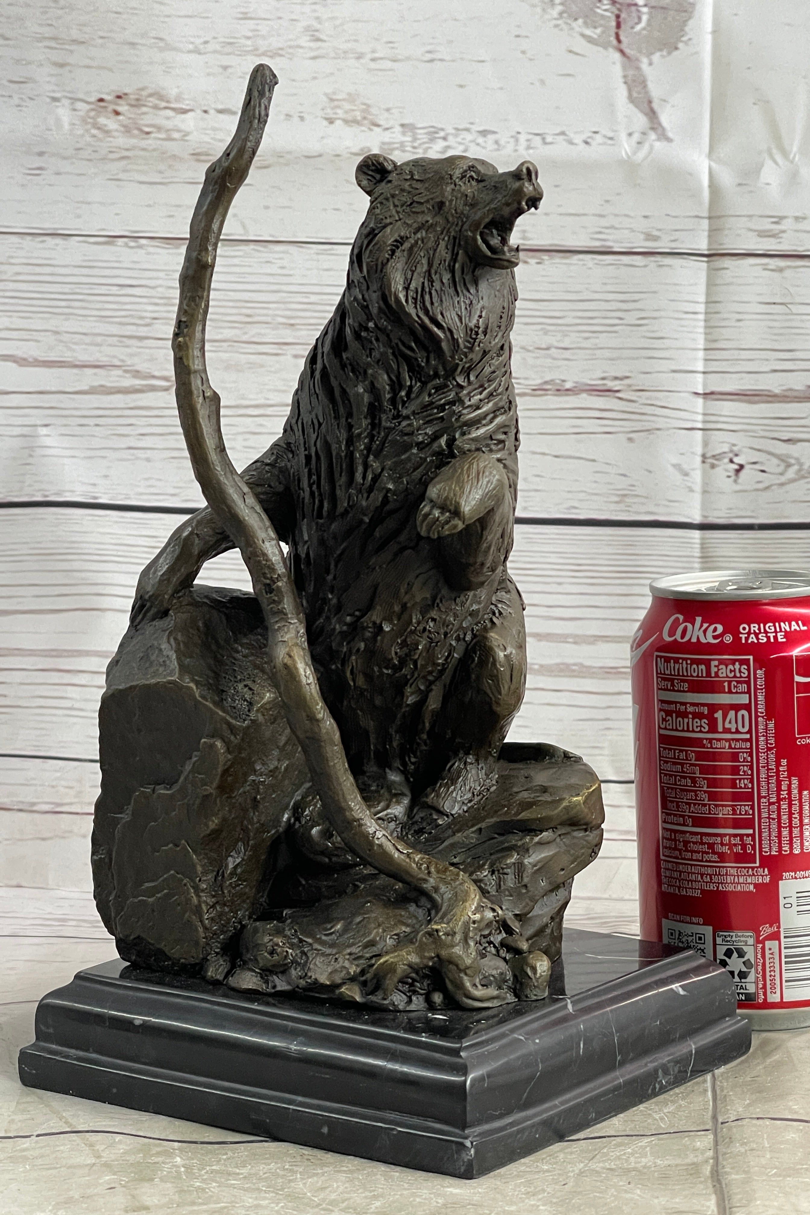 Bear Standing on Boulder Bronze Metal Statue Sculpture Figure on Marble Base