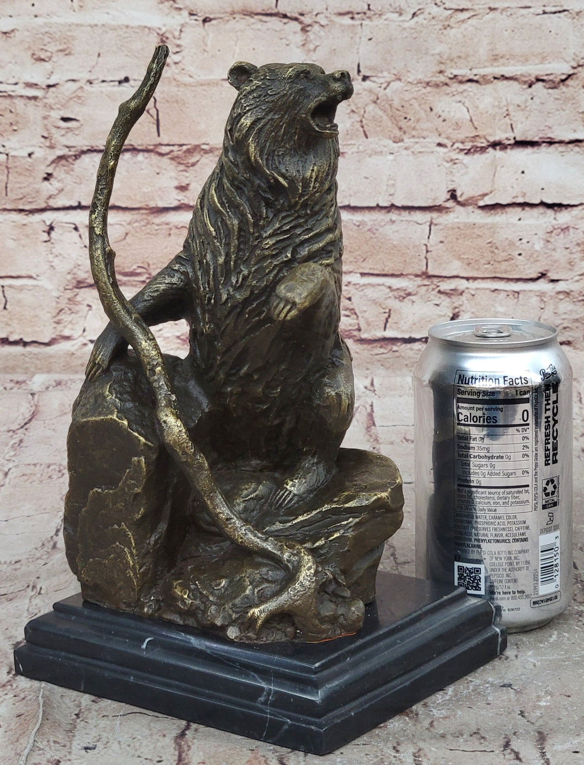 Bear Standing on Boulder Bronze Metal Statue Sculpture Figure on Marble Base