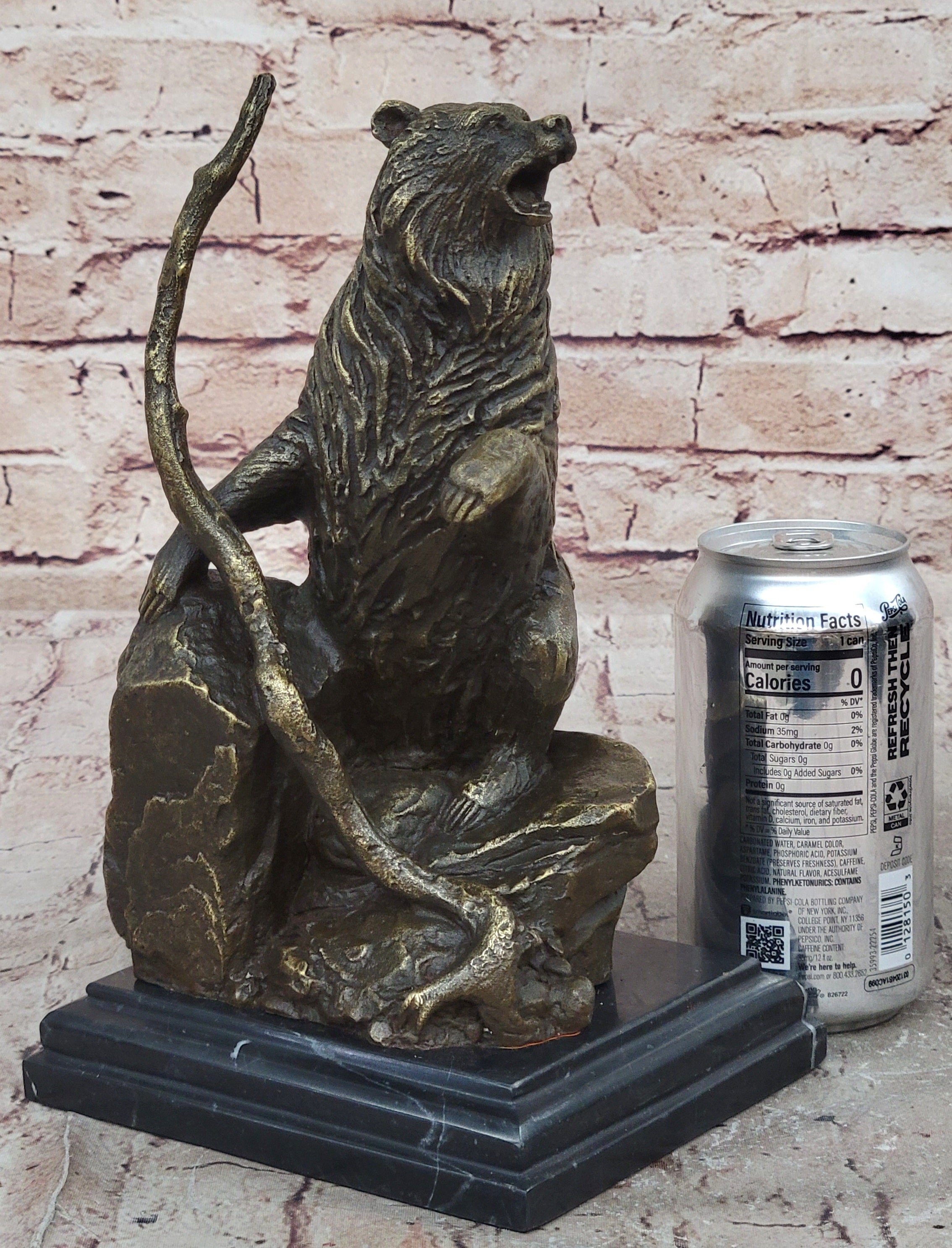 Bear Standing on Boulder Bronze Metal Statue Sculpture Figure on Marble Base