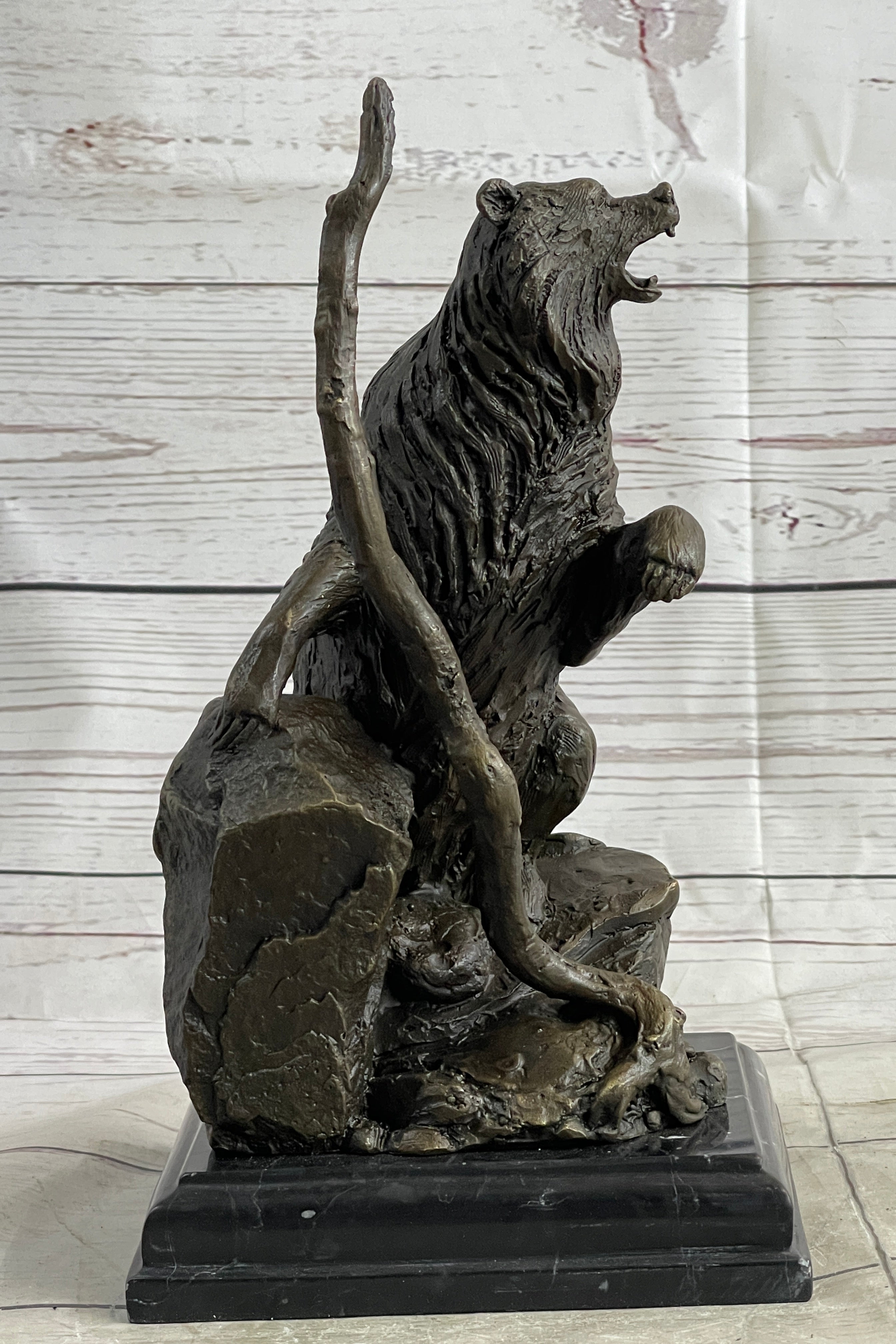 Bear Standing on Boulder Bronze Metal Statue Sculpture Figure on Marble Base