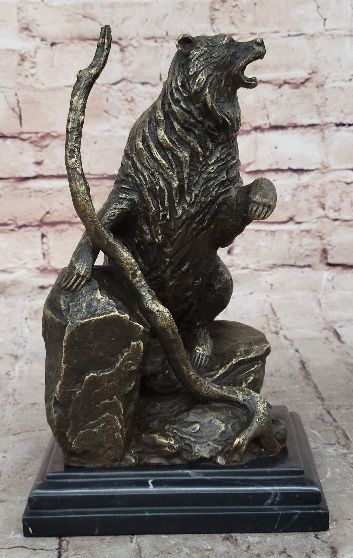Bear Standing on Boulder Bronze Metal Statue Sculpture Figure on Marble Base