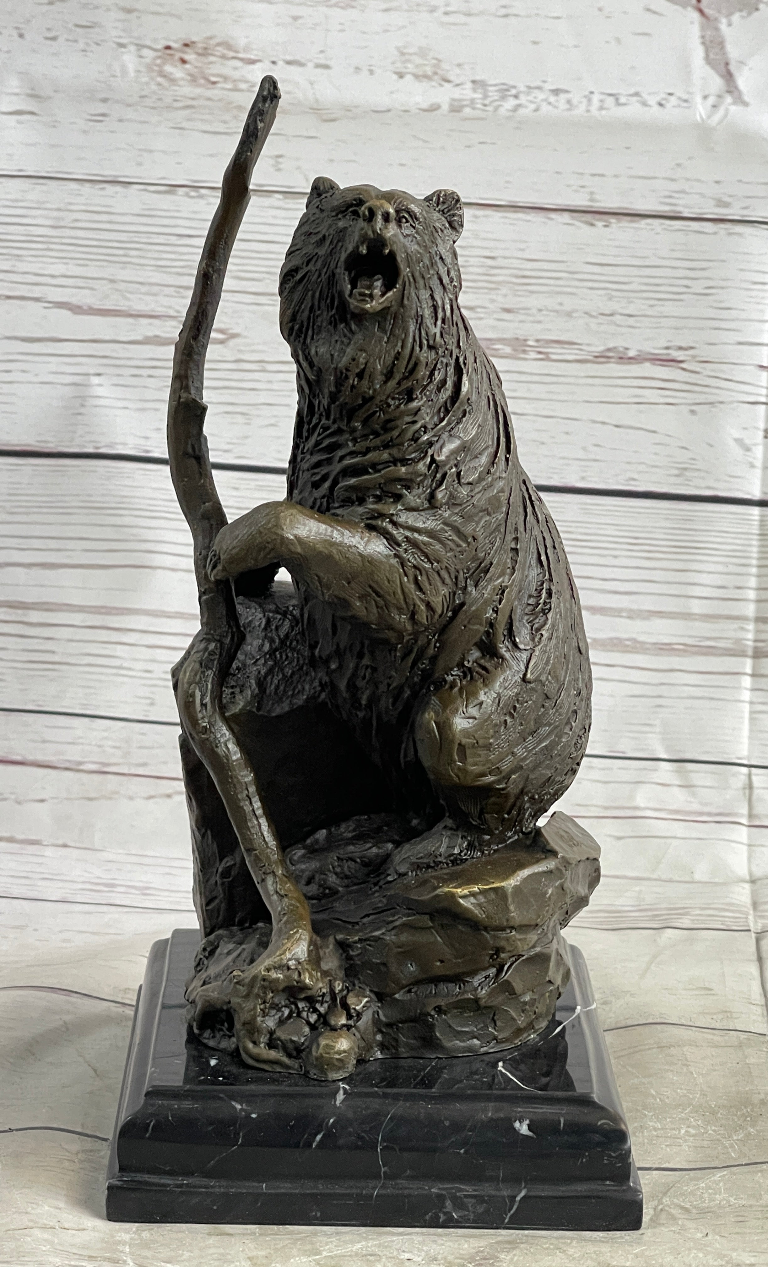 Bear Standing on Boulder Bronze Metal Statue Sculpture Figure on Marble Base