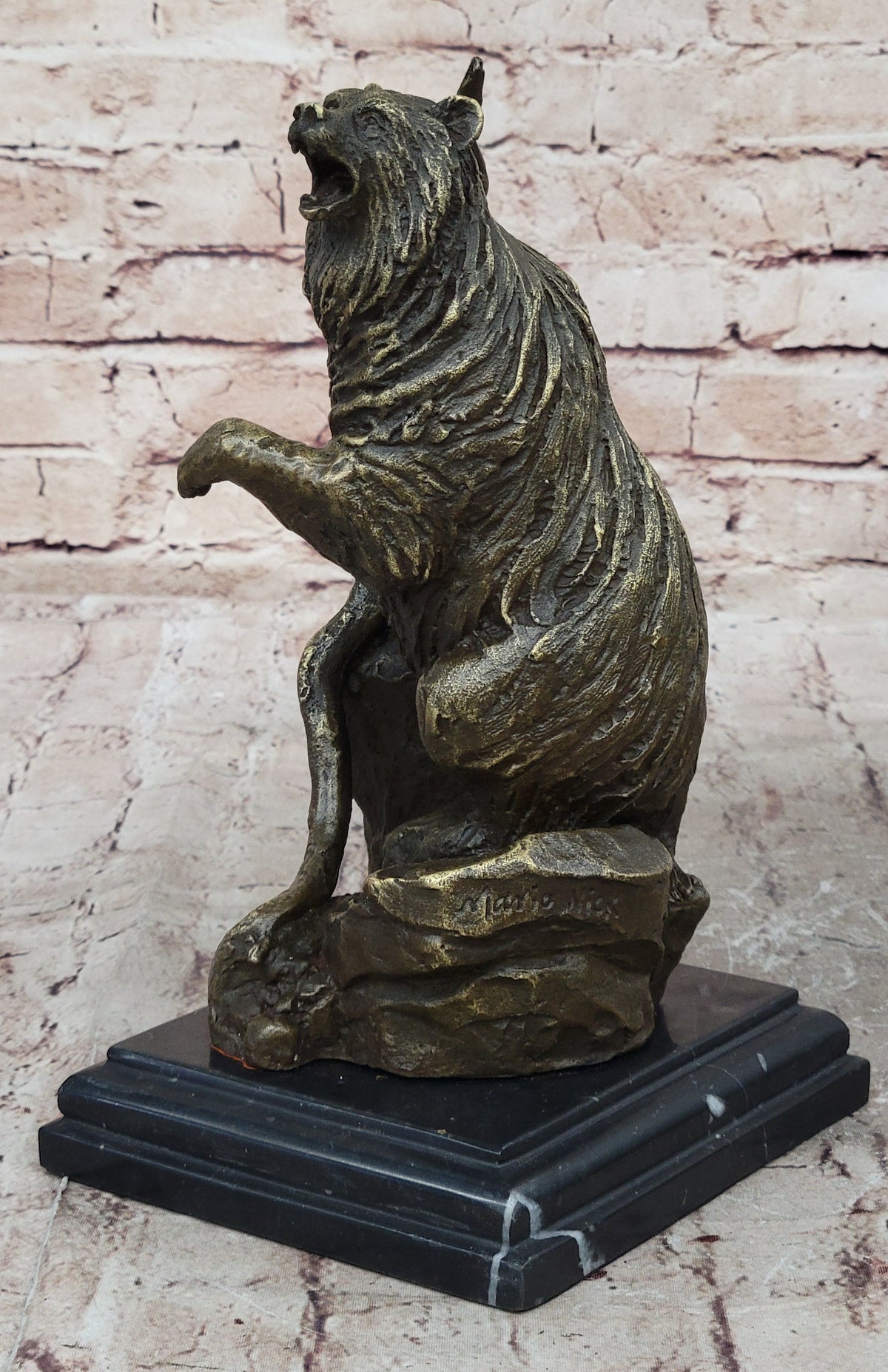 Bear Standing on Boulder Bronze Metal Statue Sculpture Figure on Marble Base