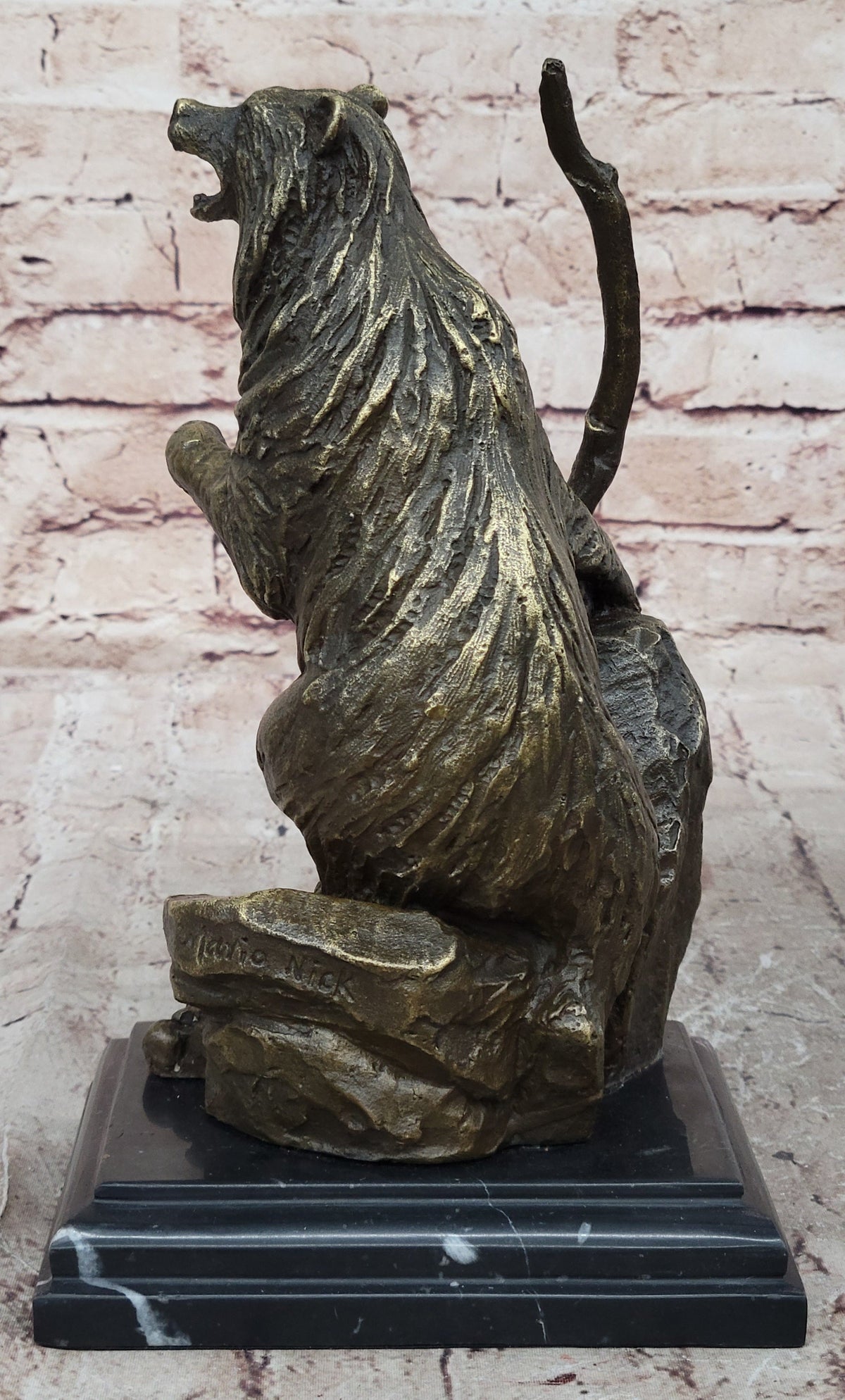 Bear Standing on Boulder Bronze Metal Statue Sculpture Figure on Marble Base