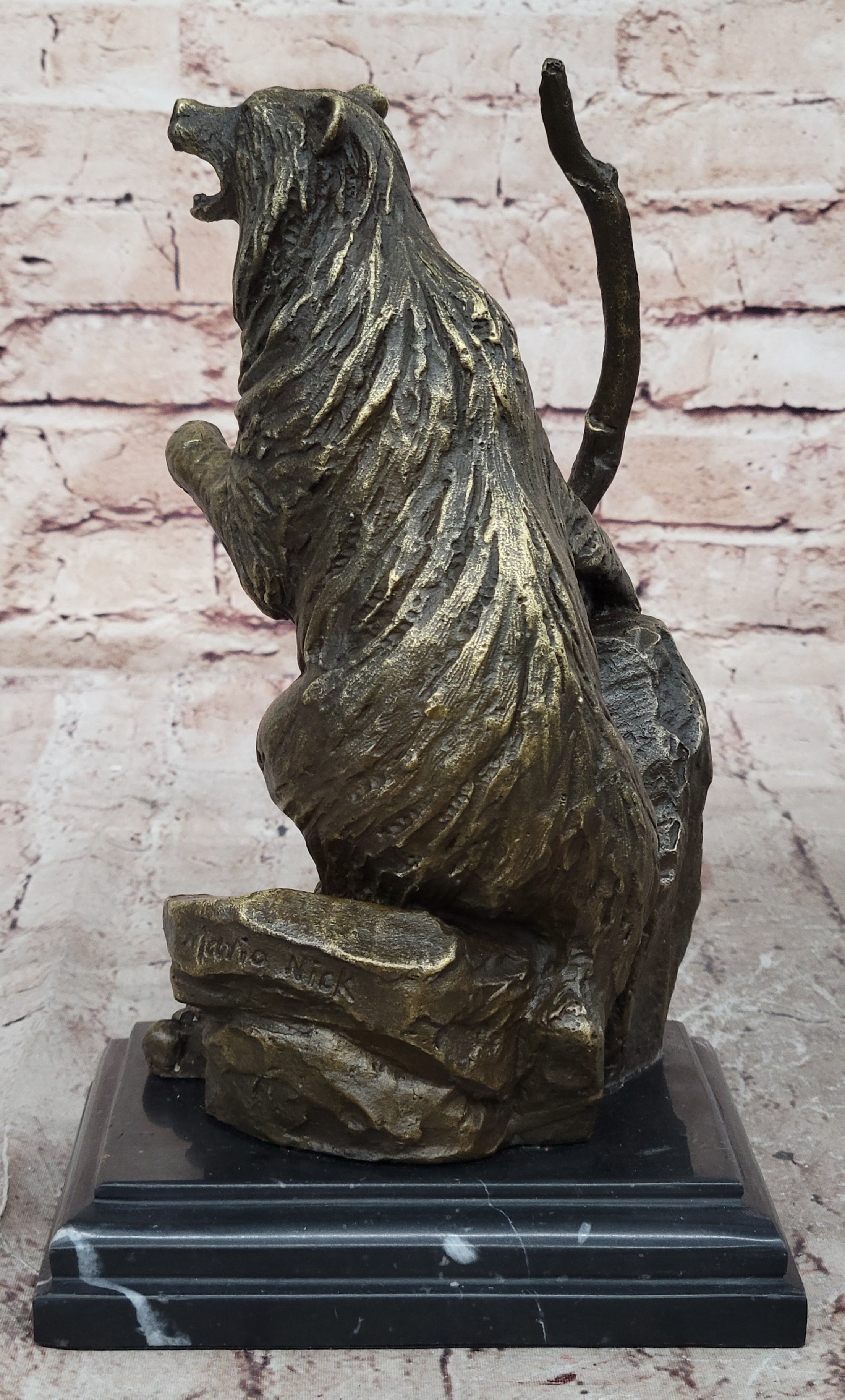 Bear Standing on Boulder Bronze Metal Statue Sculpture Figure on Marble Base