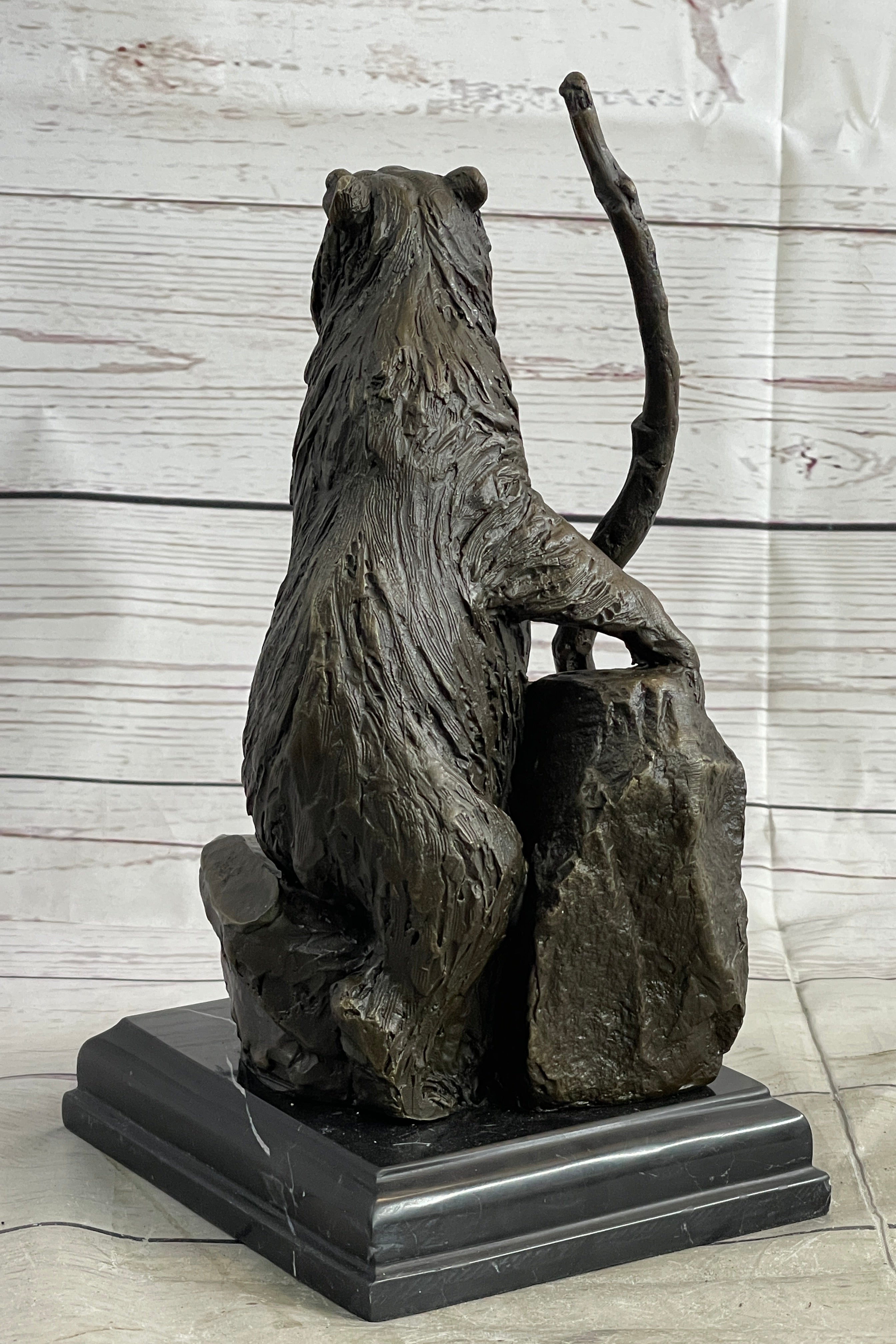 Bear Standing on Boulder Bronze Metal Statue Sculpture Figure on Marble Base